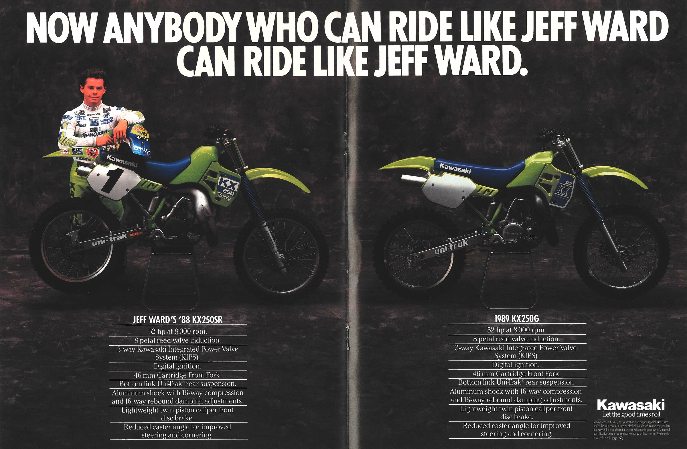 Jeff Ward showing off the 1988 Kawasaki KX250 line