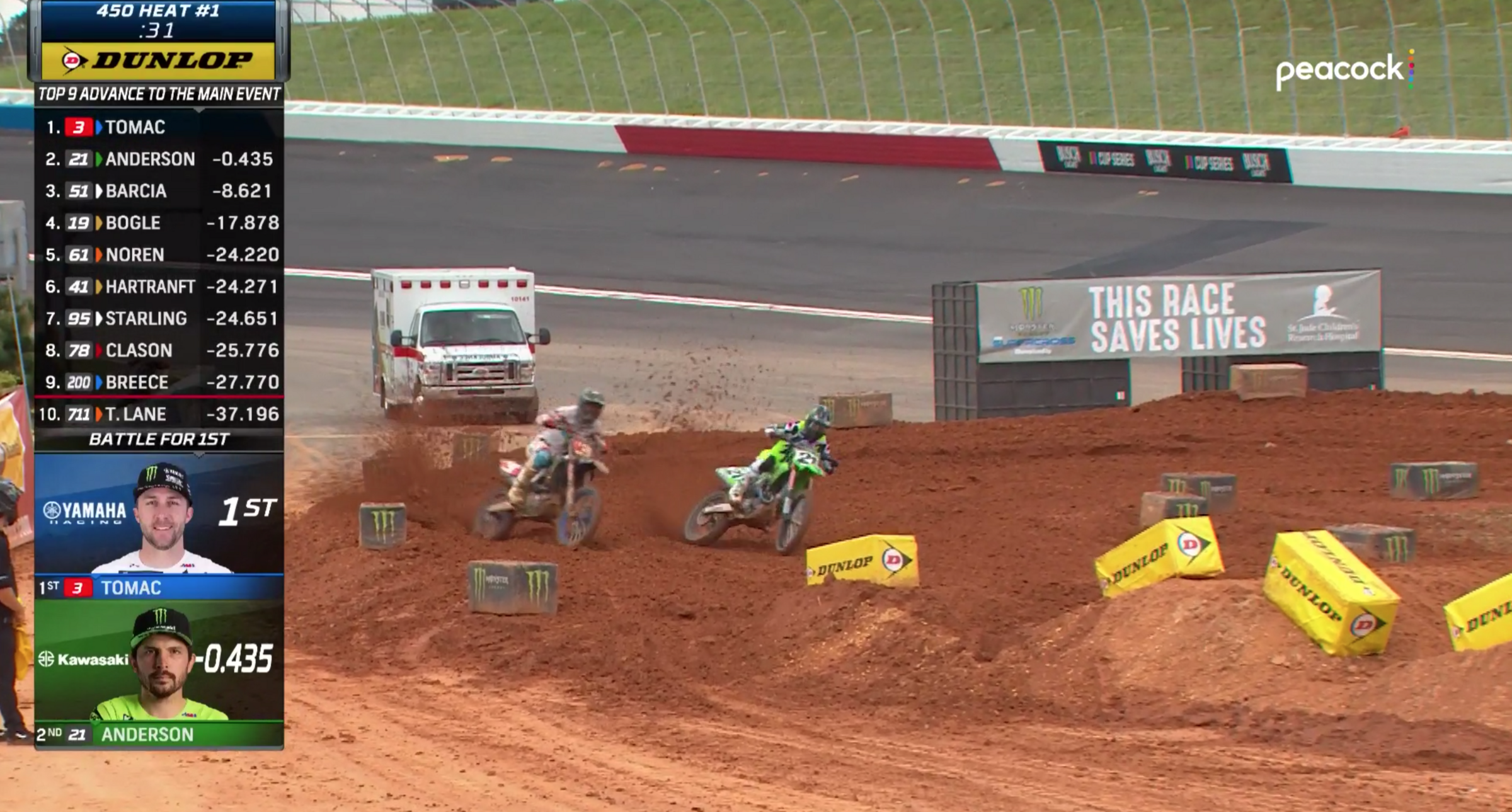 Anderson clings to the inside to pass Tomac back.