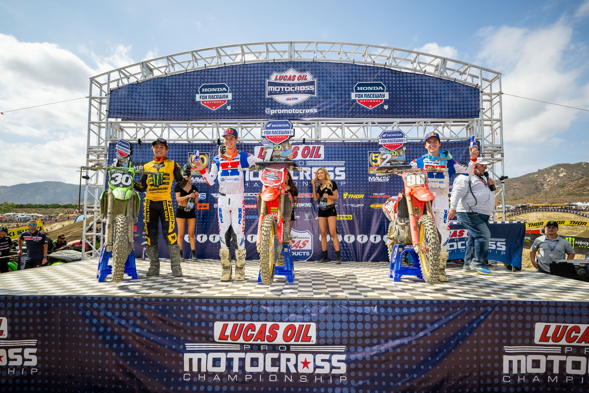 The 250 Class overall podium: Jett Lawrence (center, fist overall), Hunter Lawrence (right, second overall), and Jo Shimoda (left, third overall).