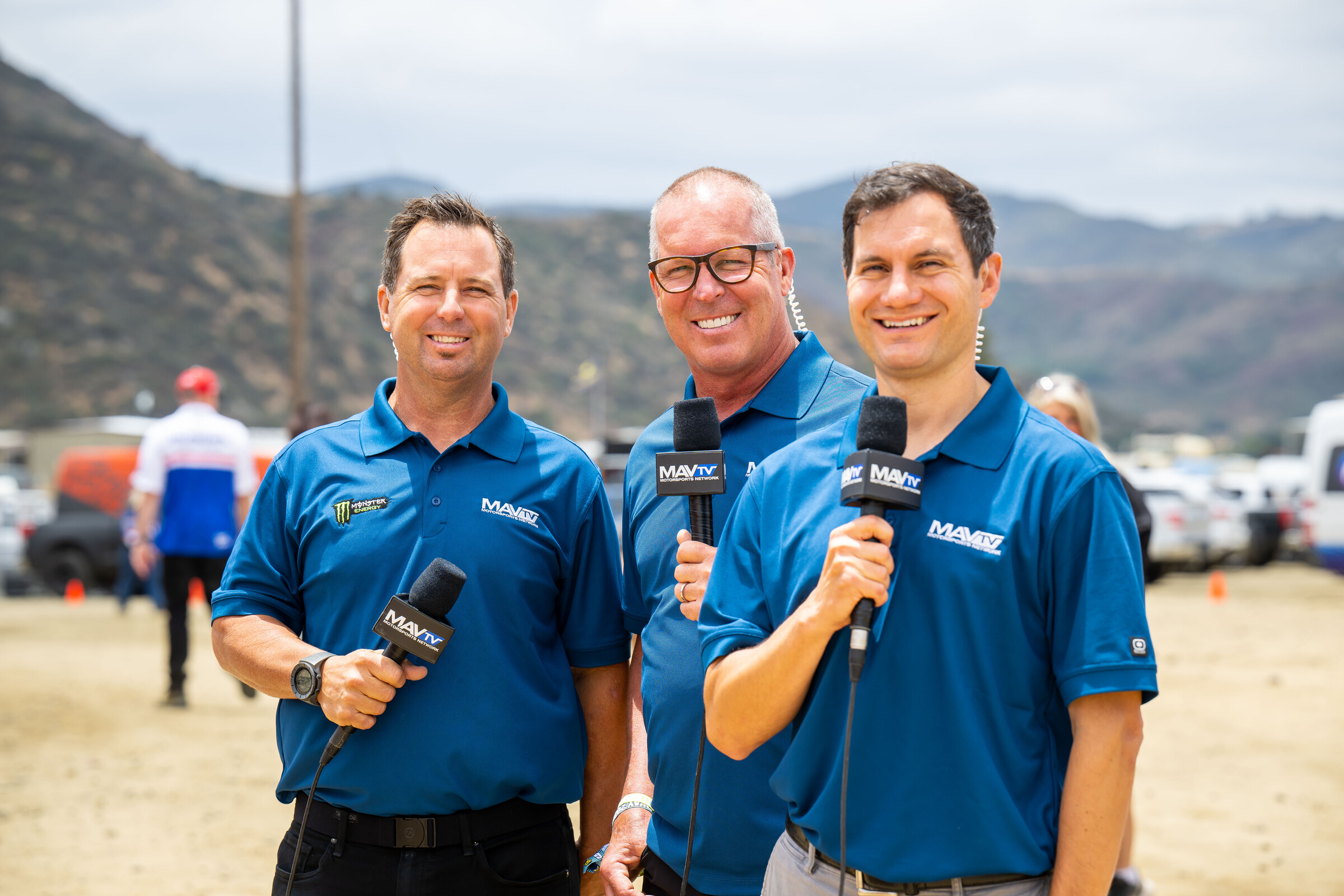 Jason Weigandt with Jeremy McGrath (left) and Rick Johnson (middle) at Fox Raceway.