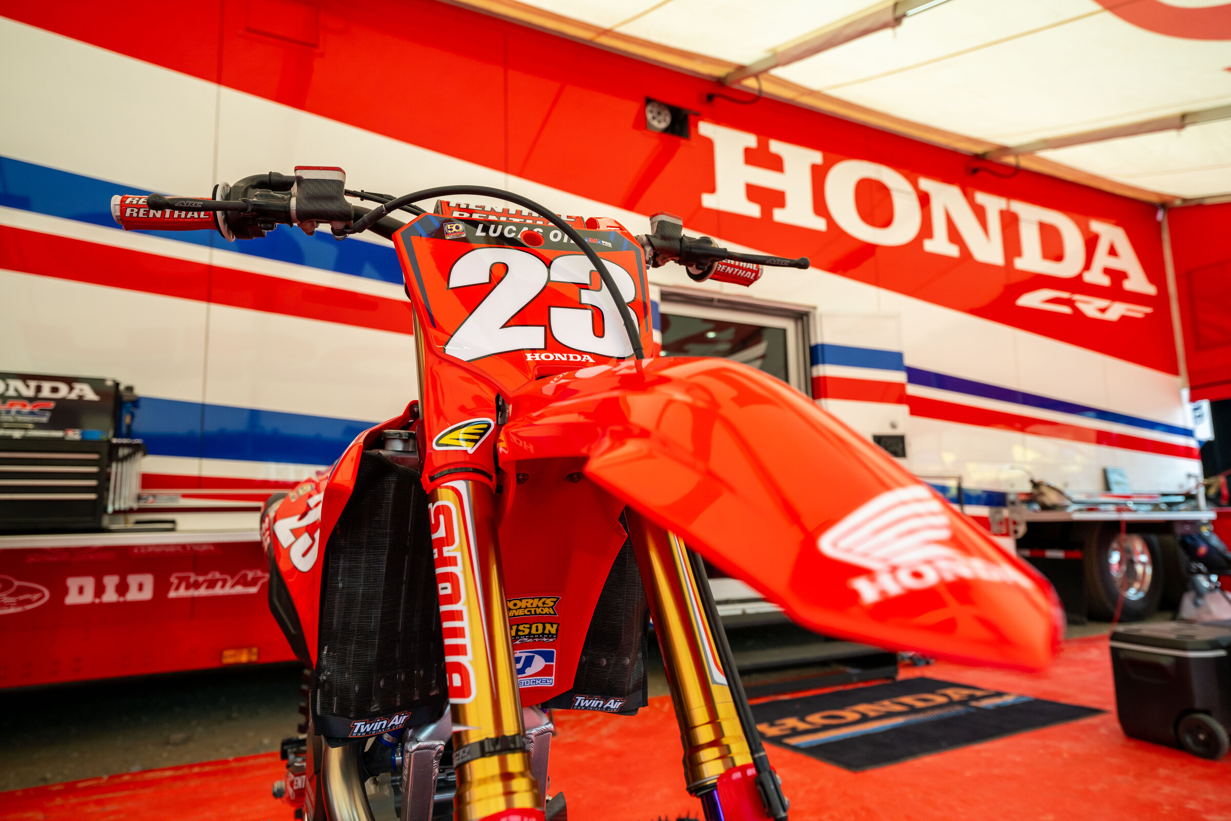 Chase Sexton's Honda HRC machine is covered with red plates for the first time in his 450 career.