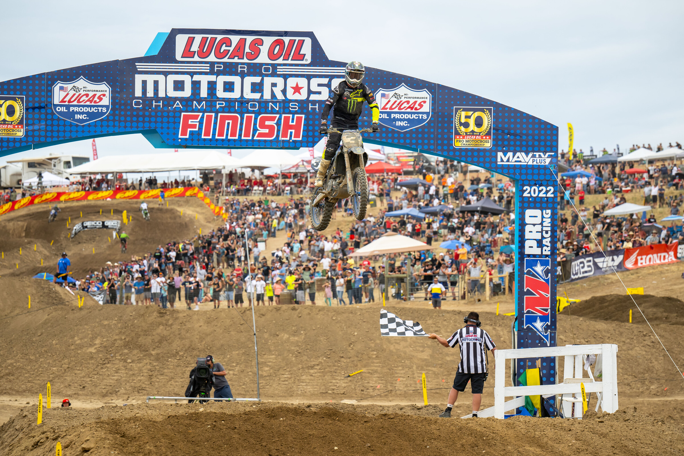Eli Tomac taking the checkered flag in moto two.