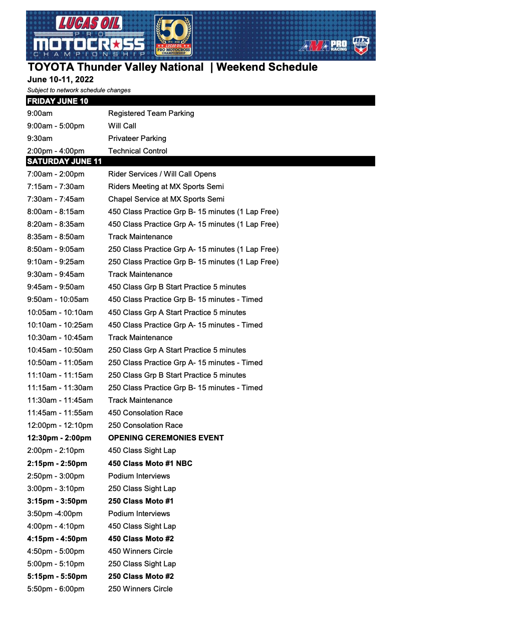 2022 Thunder Valley National weekend schedule