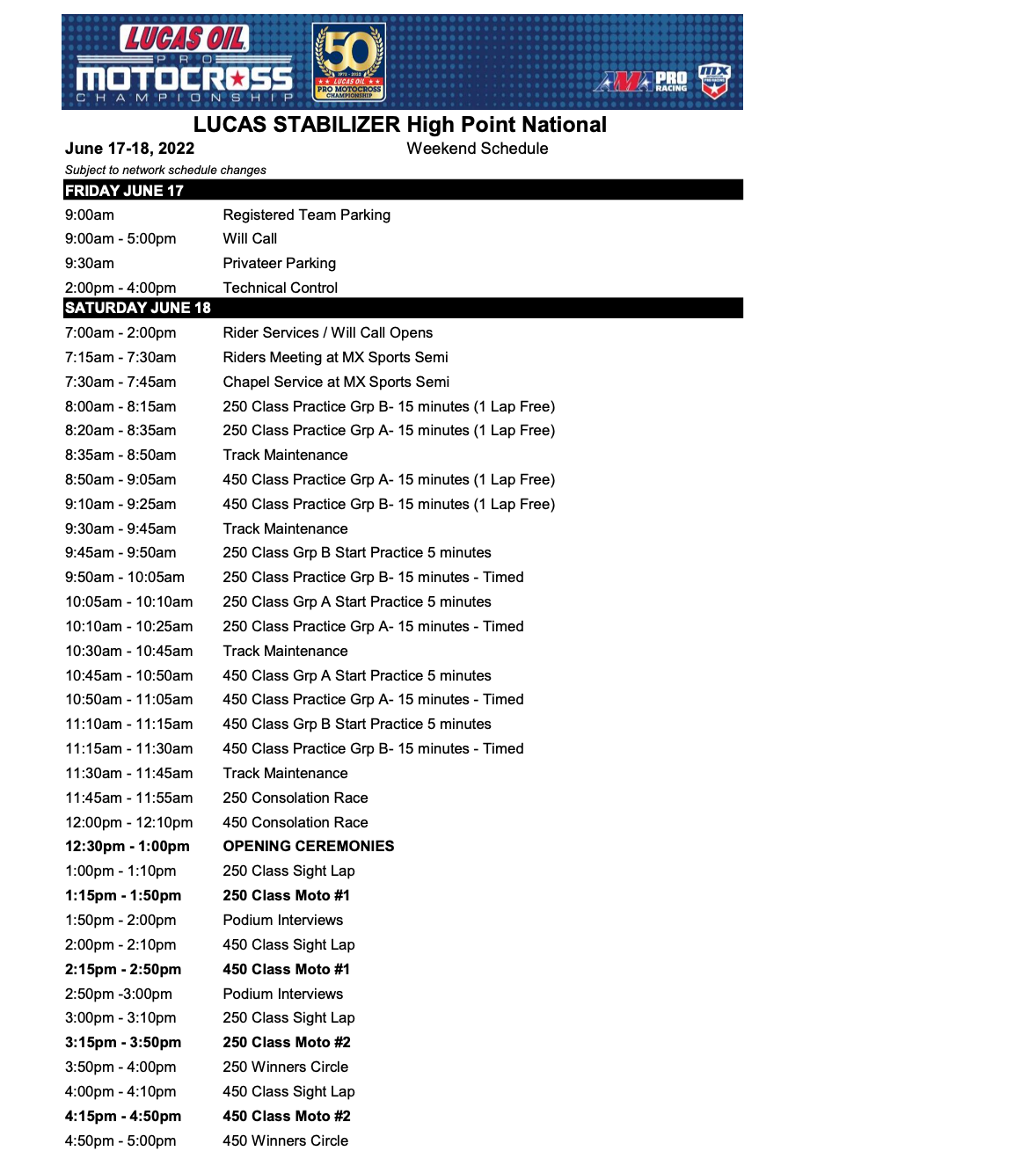 2022 High Point National weekend schedule