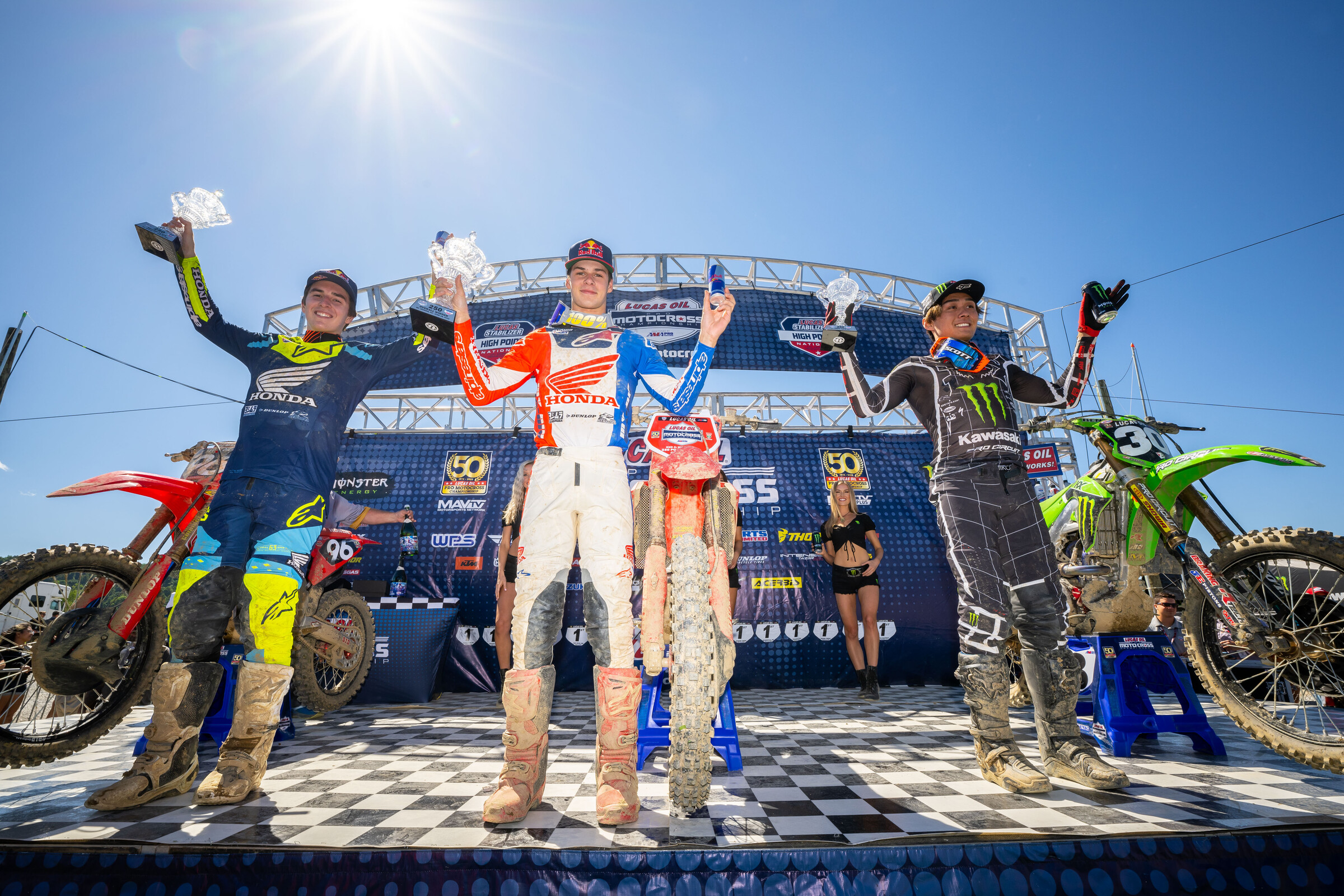 The 250 Class overall podium finish: Jett Lawrence (first overall), Hunter Lawrence (second overall), and Jo Shimoda (third overall).