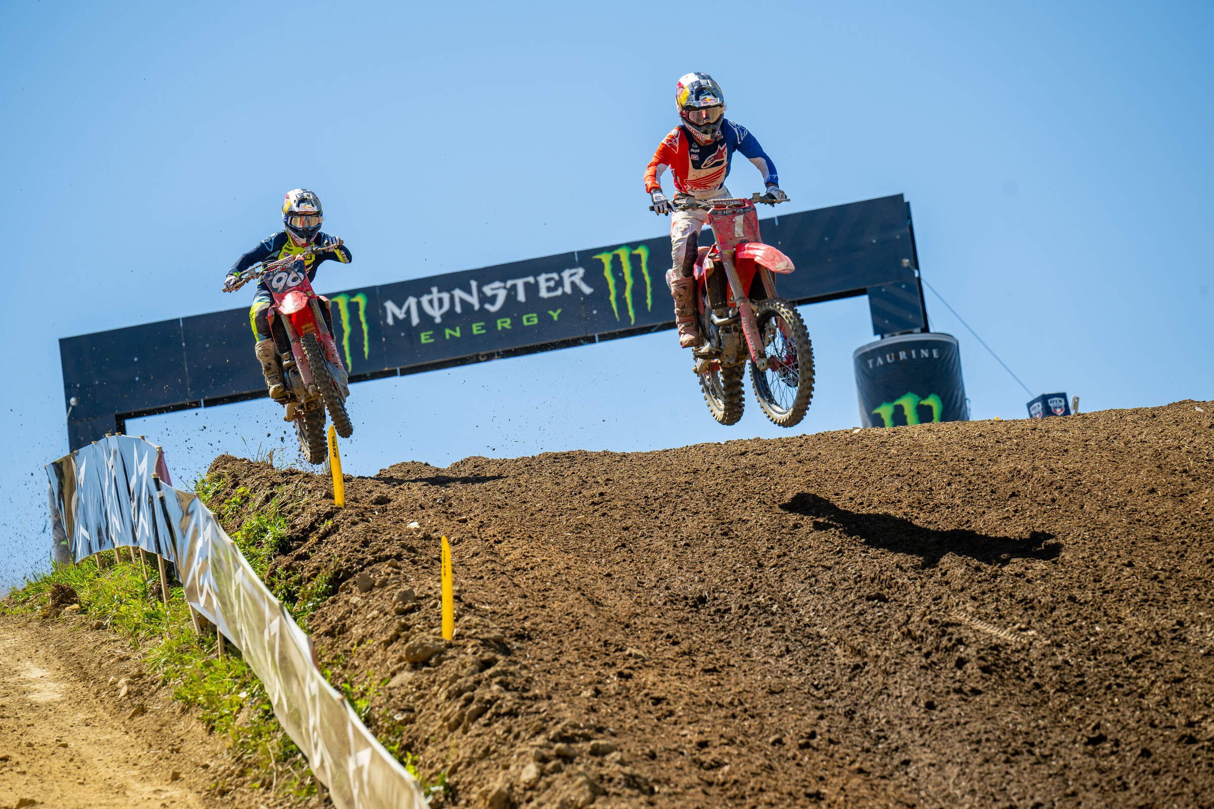 Jett Lawrence leading Hunter Lawrence in the second moto.