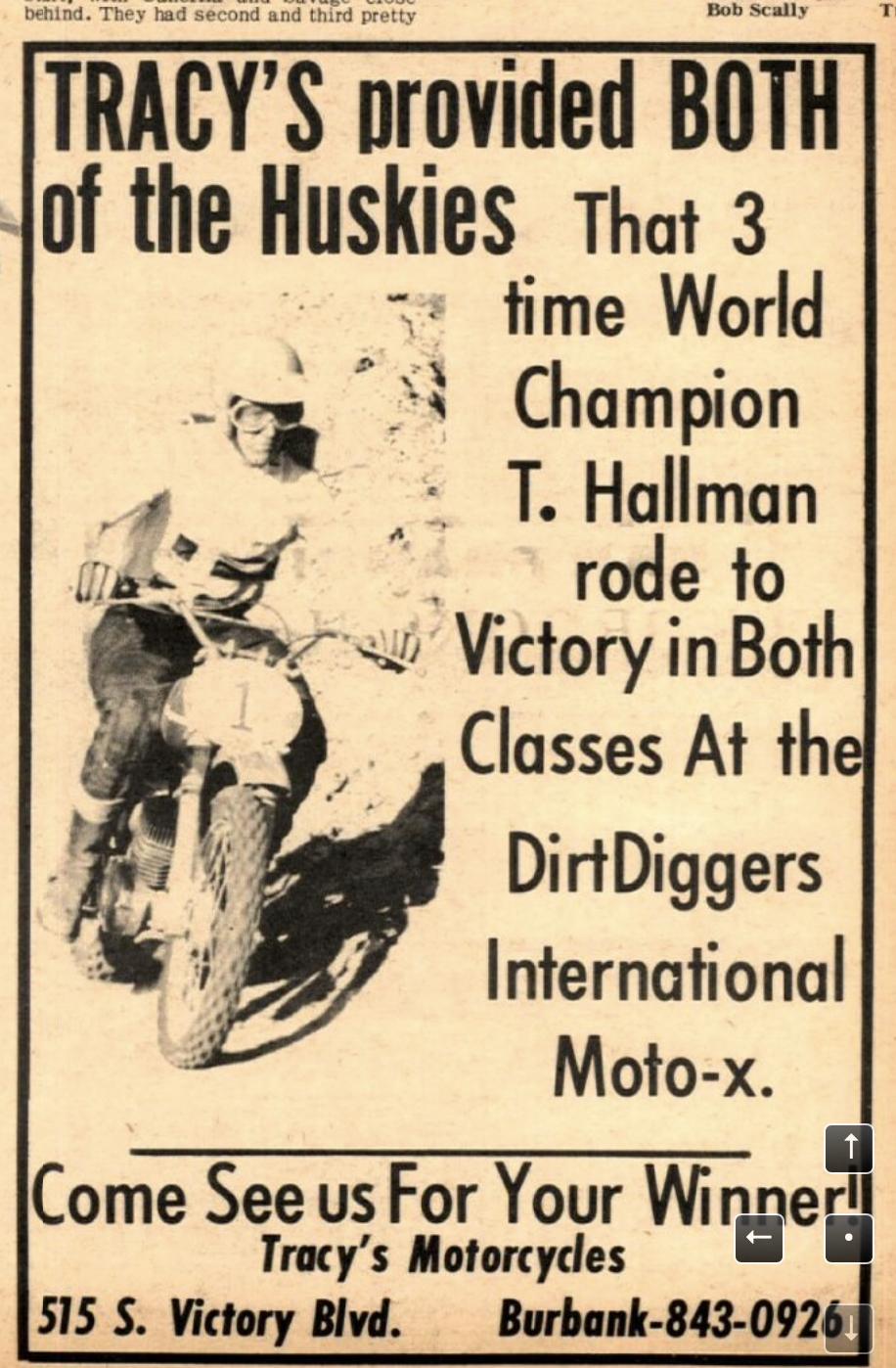 Torsten Hallman in a Tracy's Motorcycles win ad in 1966.