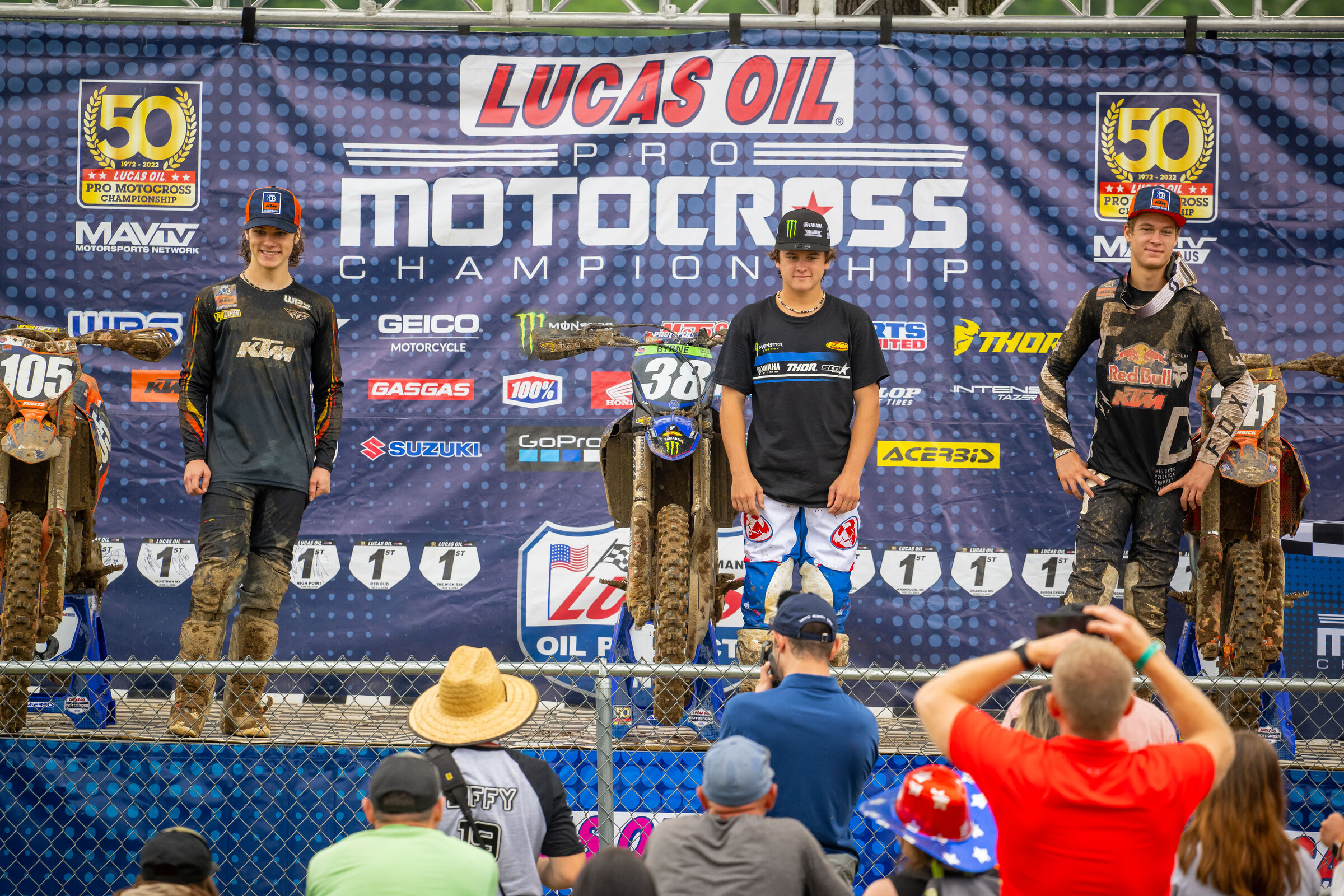 The 2022 RedBud National Scouting Moto Combine overall podium: Deegan (center), Bennick (right), and Fineis (left).