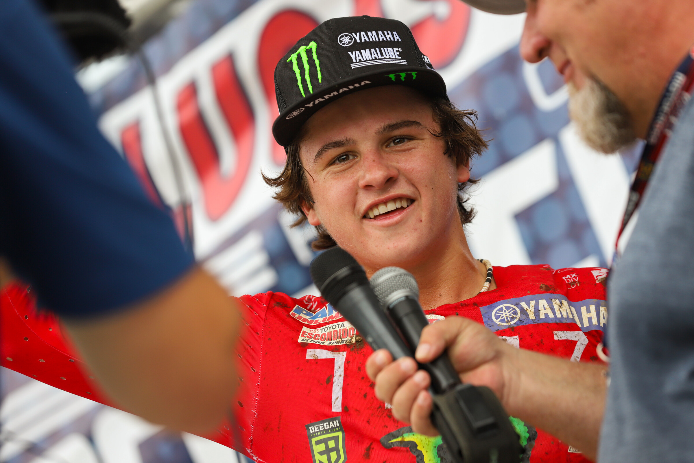 Haiden Deegan on the podium after the first moto.