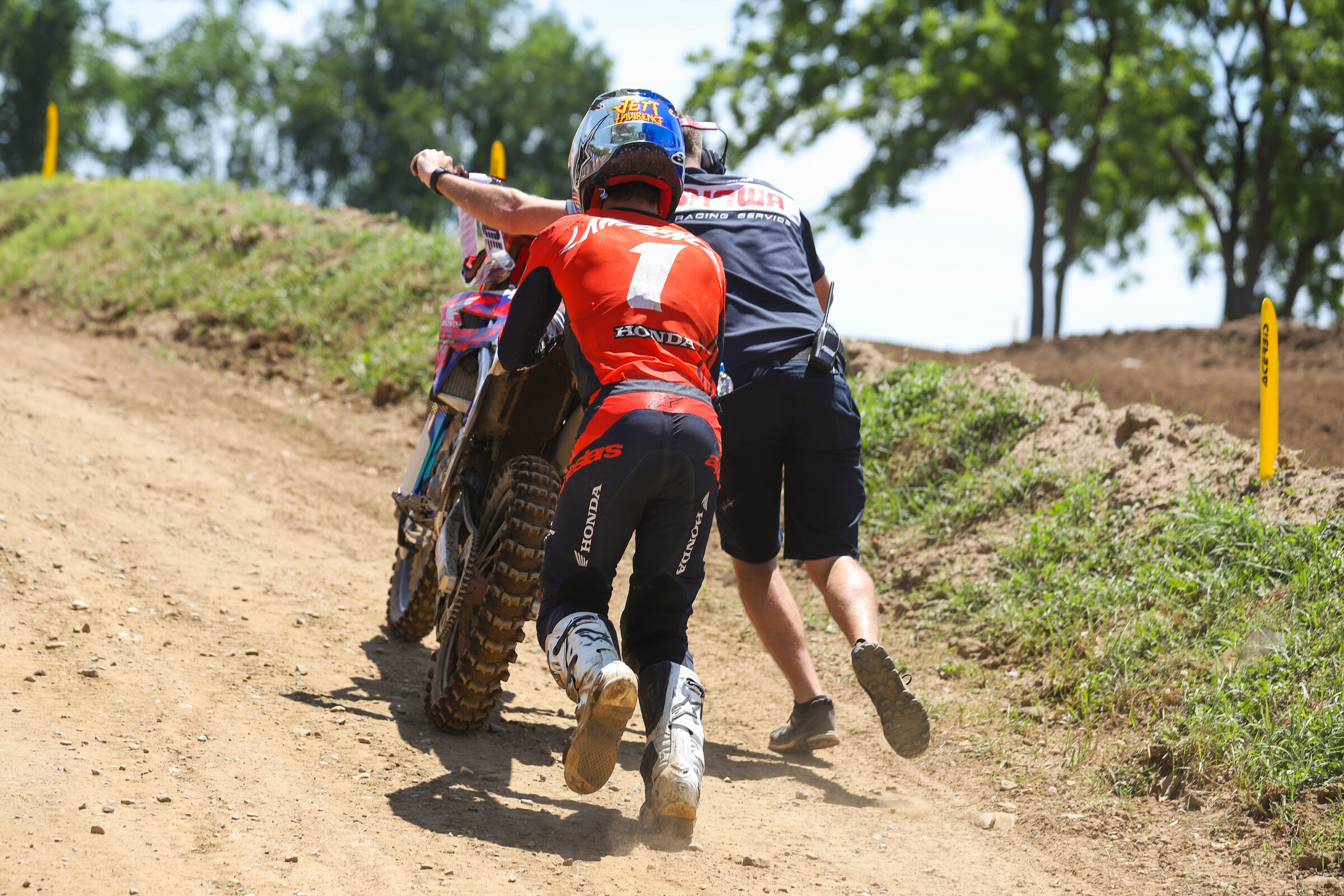 Jett Lawrence after his bike shut off mid-moto.