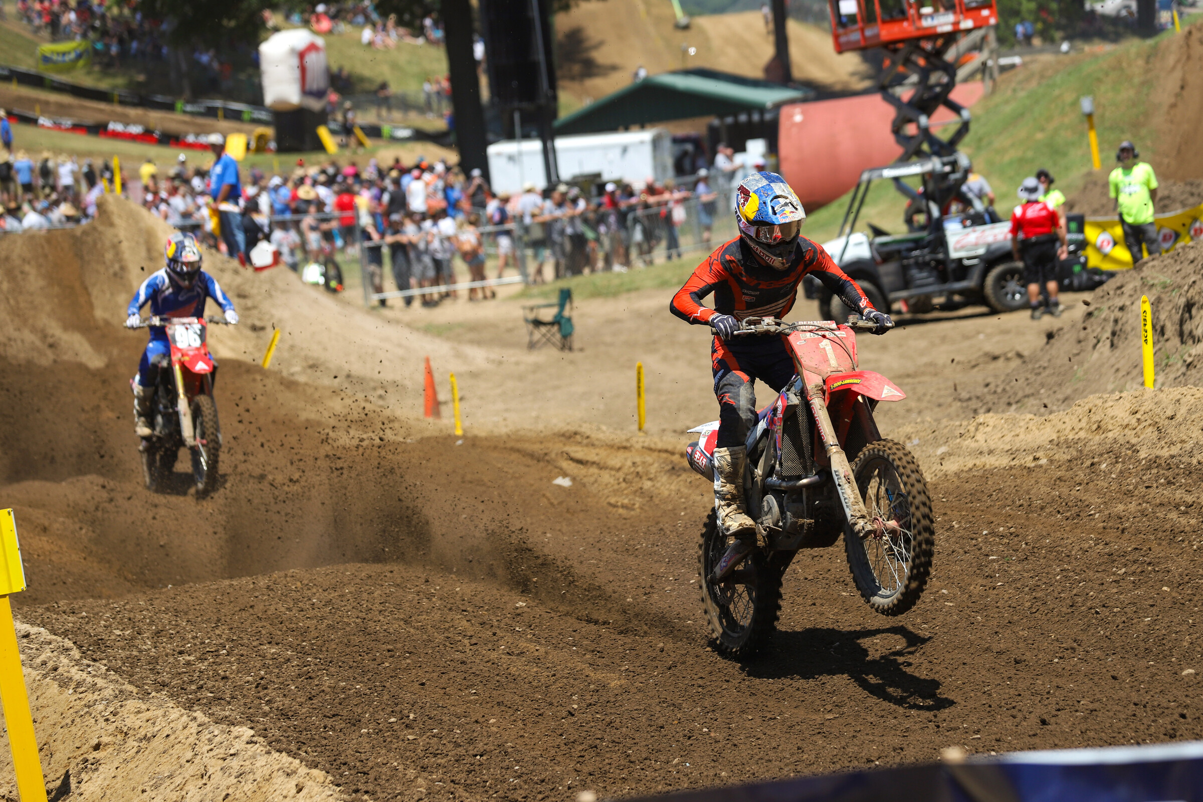 Jett Lawrence leads his brother Hunter (left) with Jo Shimoda just out of view. The next lap, the defending champion’s bike suffered a mechanical failure, and his moto was over. Big brother inherited the lead—both in the moto and in the championship standings.
