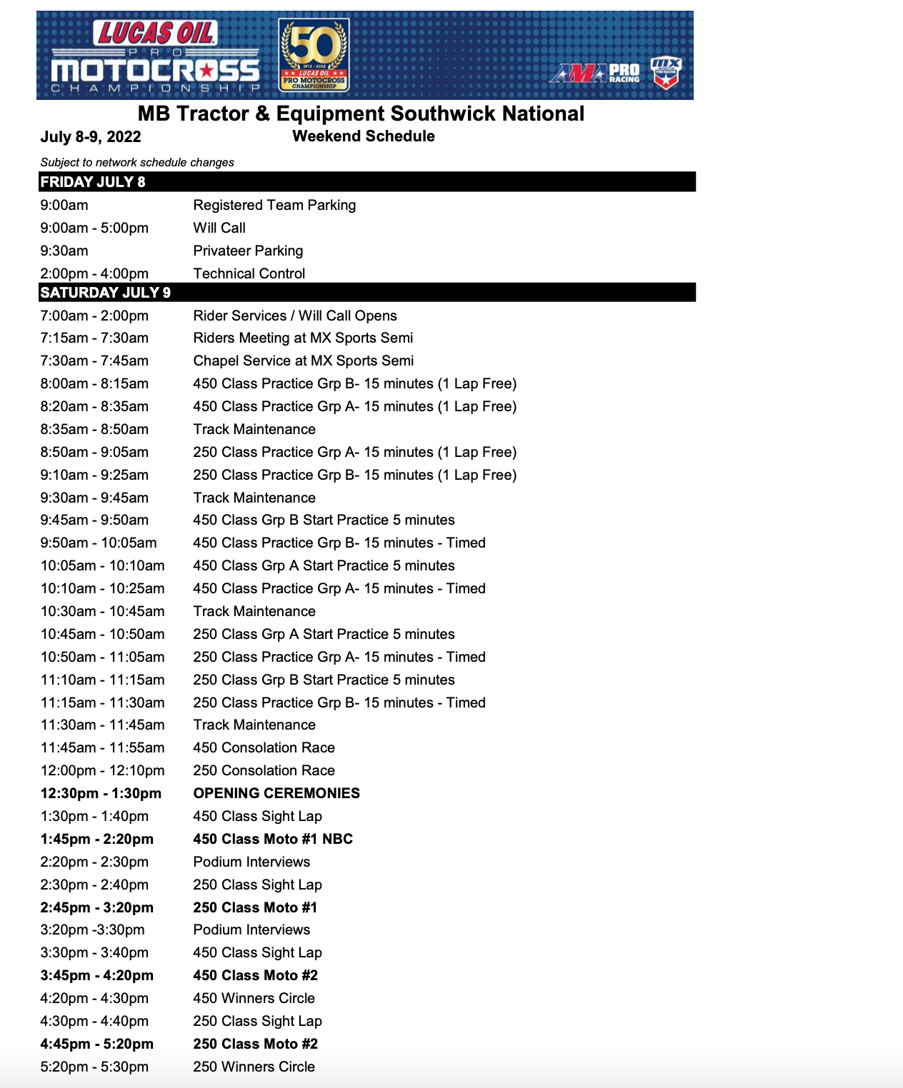 2022 Southwick National weekend schedule.