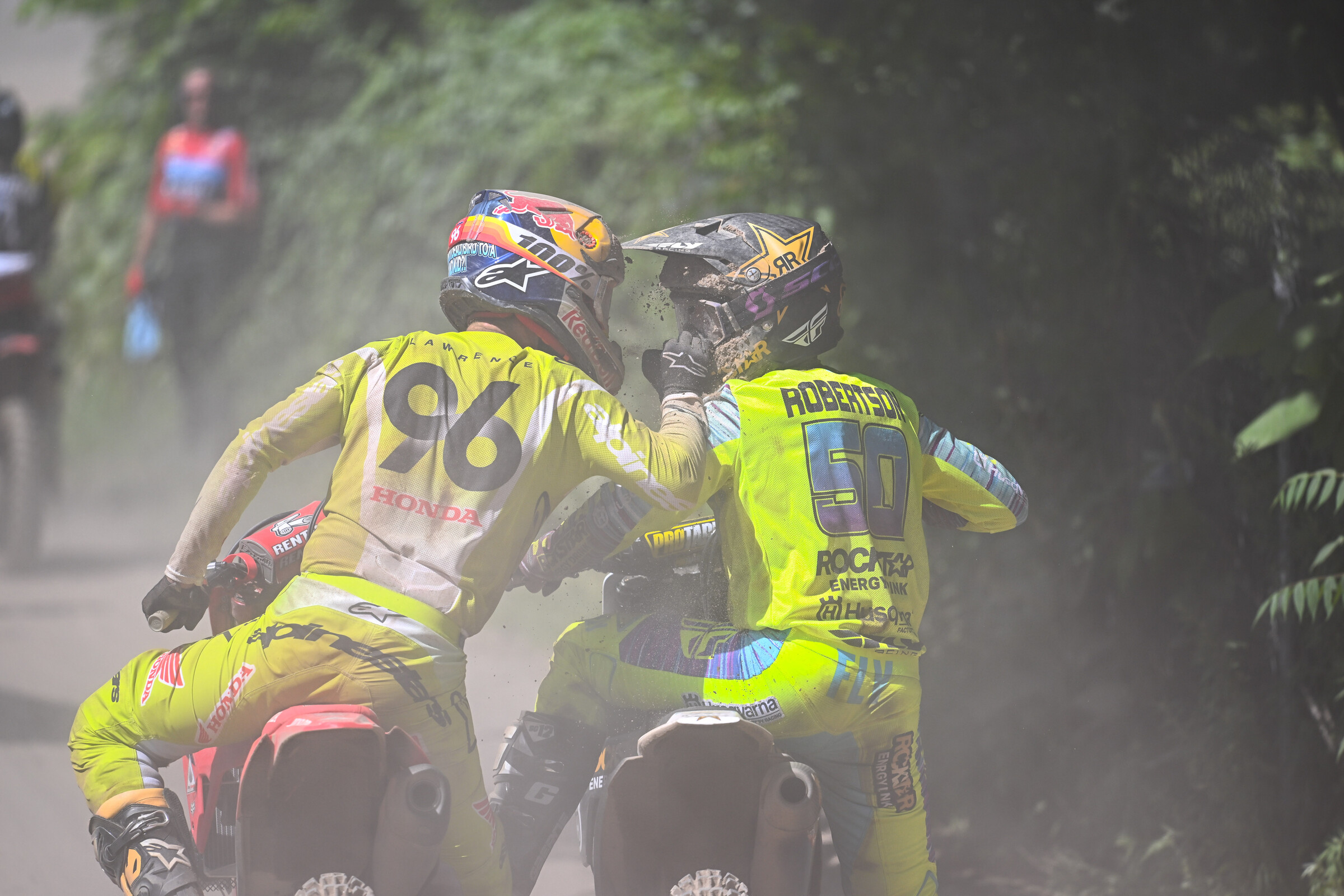 Hunter Lawrence and Stilez Robertson exchanging words after finishing seventh and eighth, respectively.