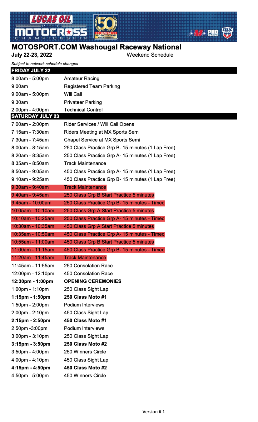 The 2022 Washougal National race day schedule.