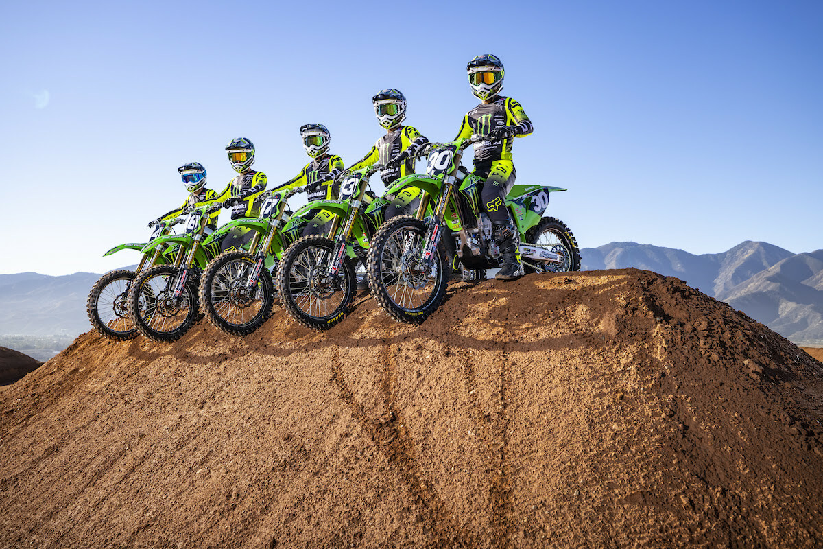 Jett Reynolds, Cameron McAdoo, Seth Hammaker, Austin Forkner, Jo Shimoda, and Ryder DiFrancesco (not pictured) will make up the Monster Energy/Pro Circuit Kawasaki squad for 2023.