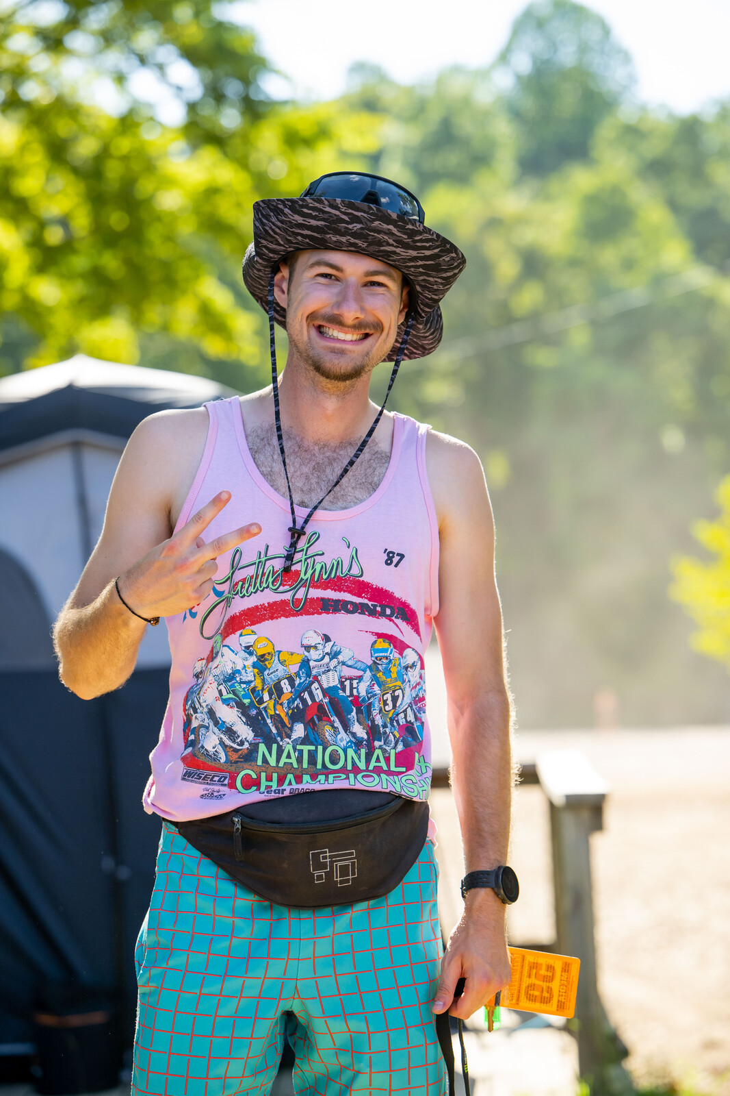 Mitch Kendra in his retro LL shirt from his uncle Bill before his dive into the creek.