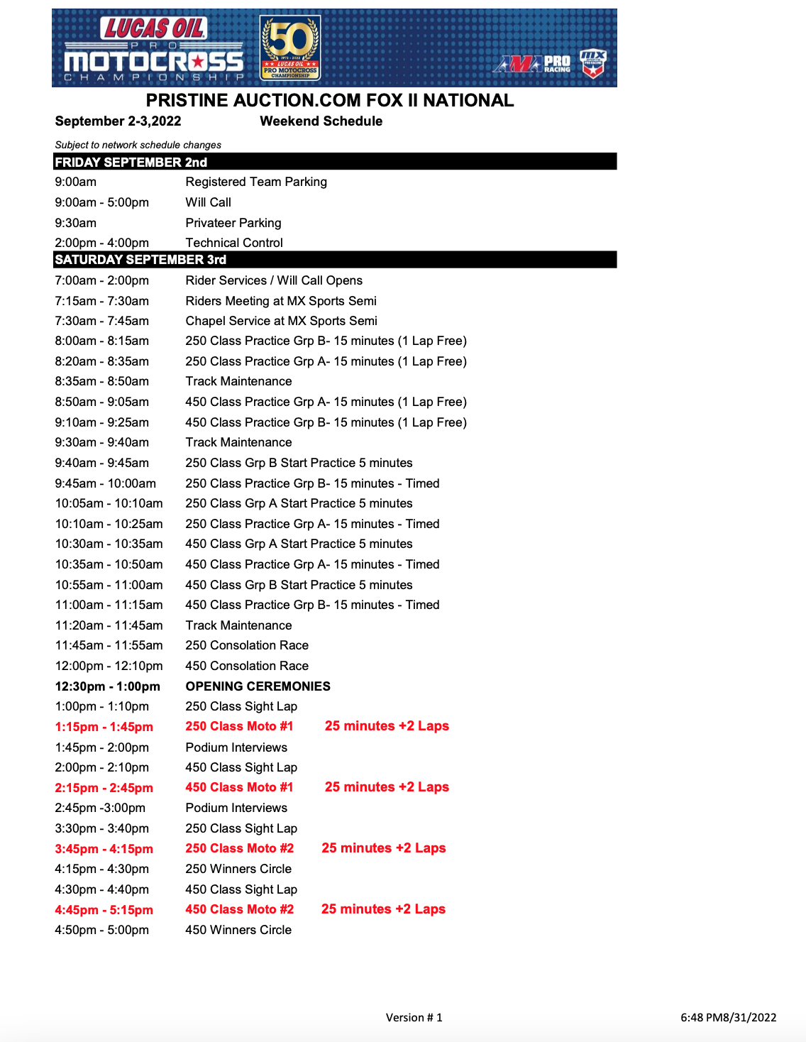 The 2022 Fox Raceway 2 National race day schedule.