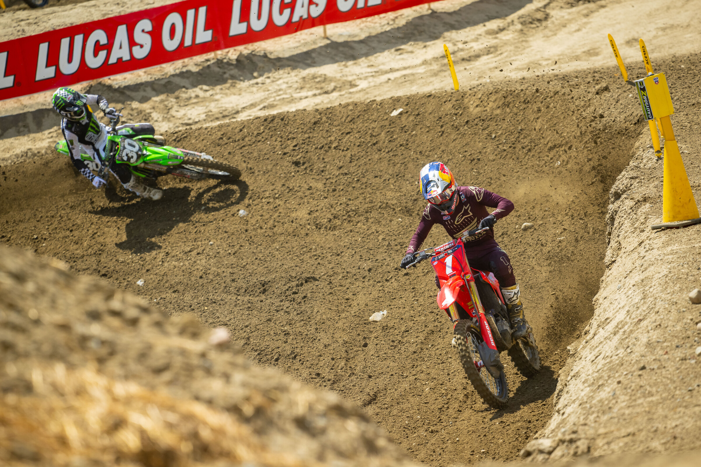 Jett Lawrence leading Jo Shimoda in the first moto.