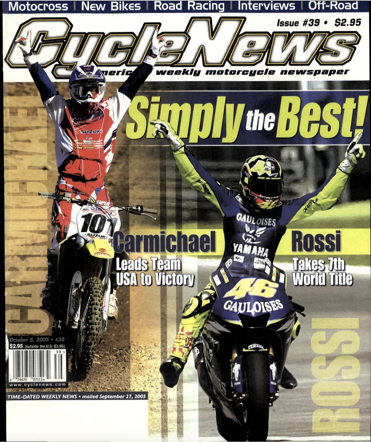 Ricky Carmichael and Valentino Rossi on the cover of Cycle News.