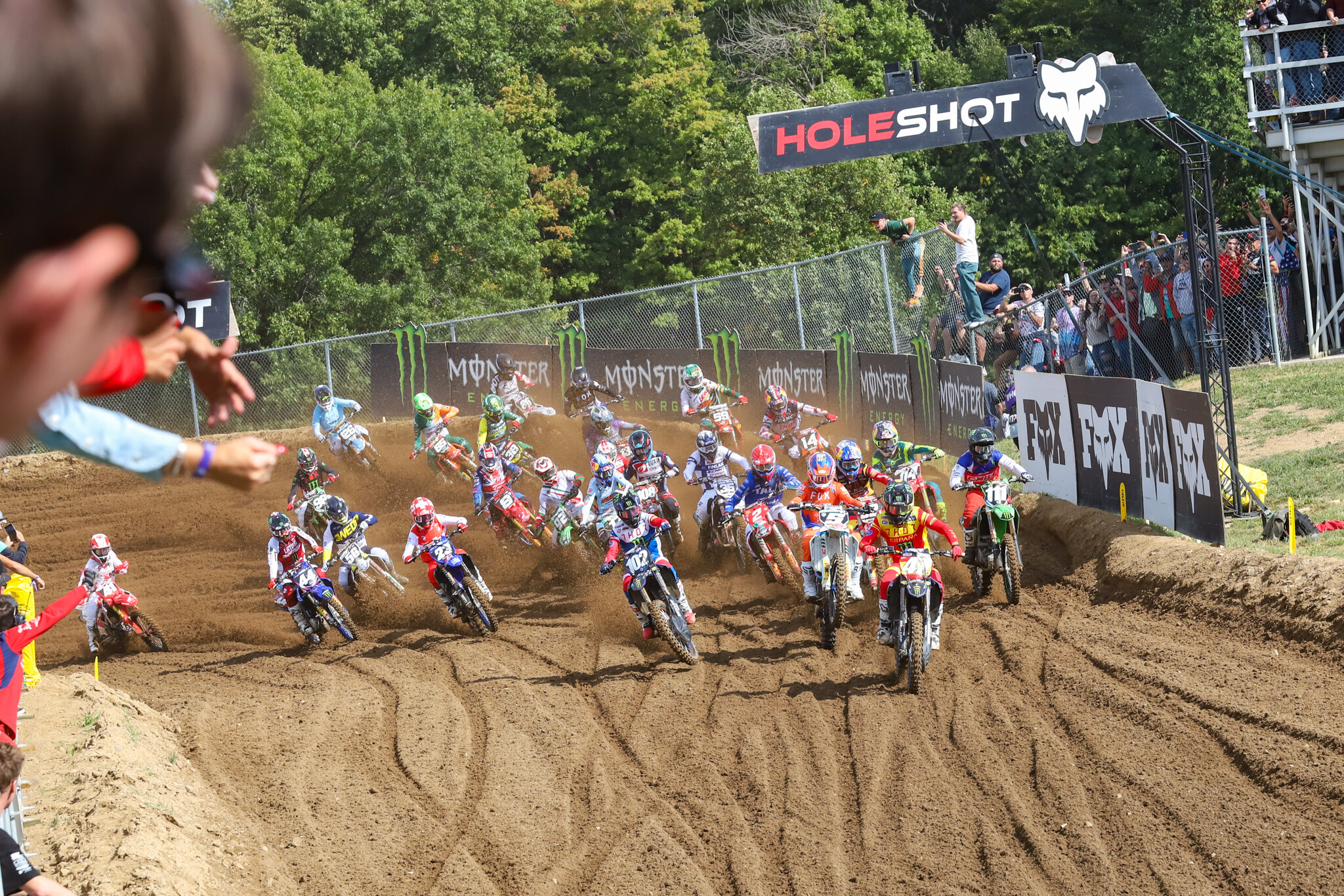Guillem Farres pulling the holeshot in the MX2 qualifying race.