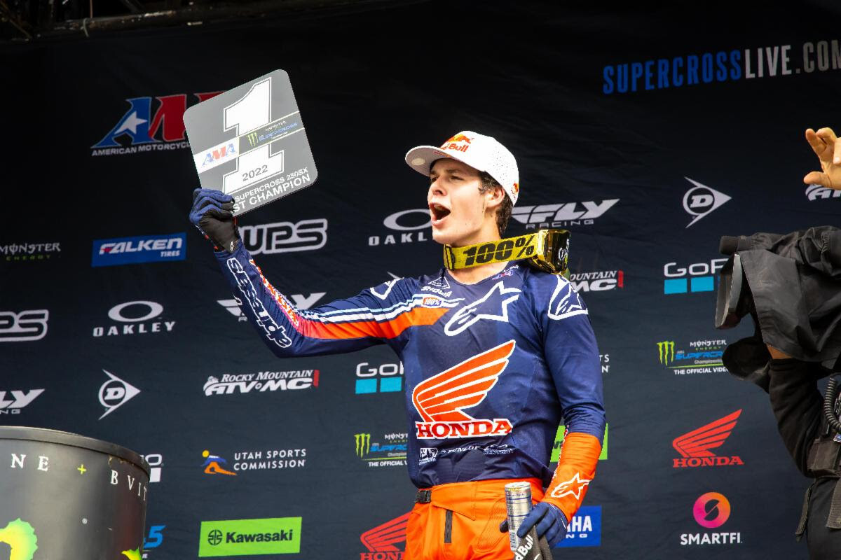 Jett Lawrence celebrating his first Monster Energy AMA Supercross 250SX Class Championship at Gillette Stadium in Foxborough, Mass.