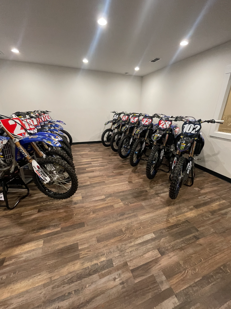 Monster Energy Yamaha Star Racing's championship bike room at the GOAT Farm.