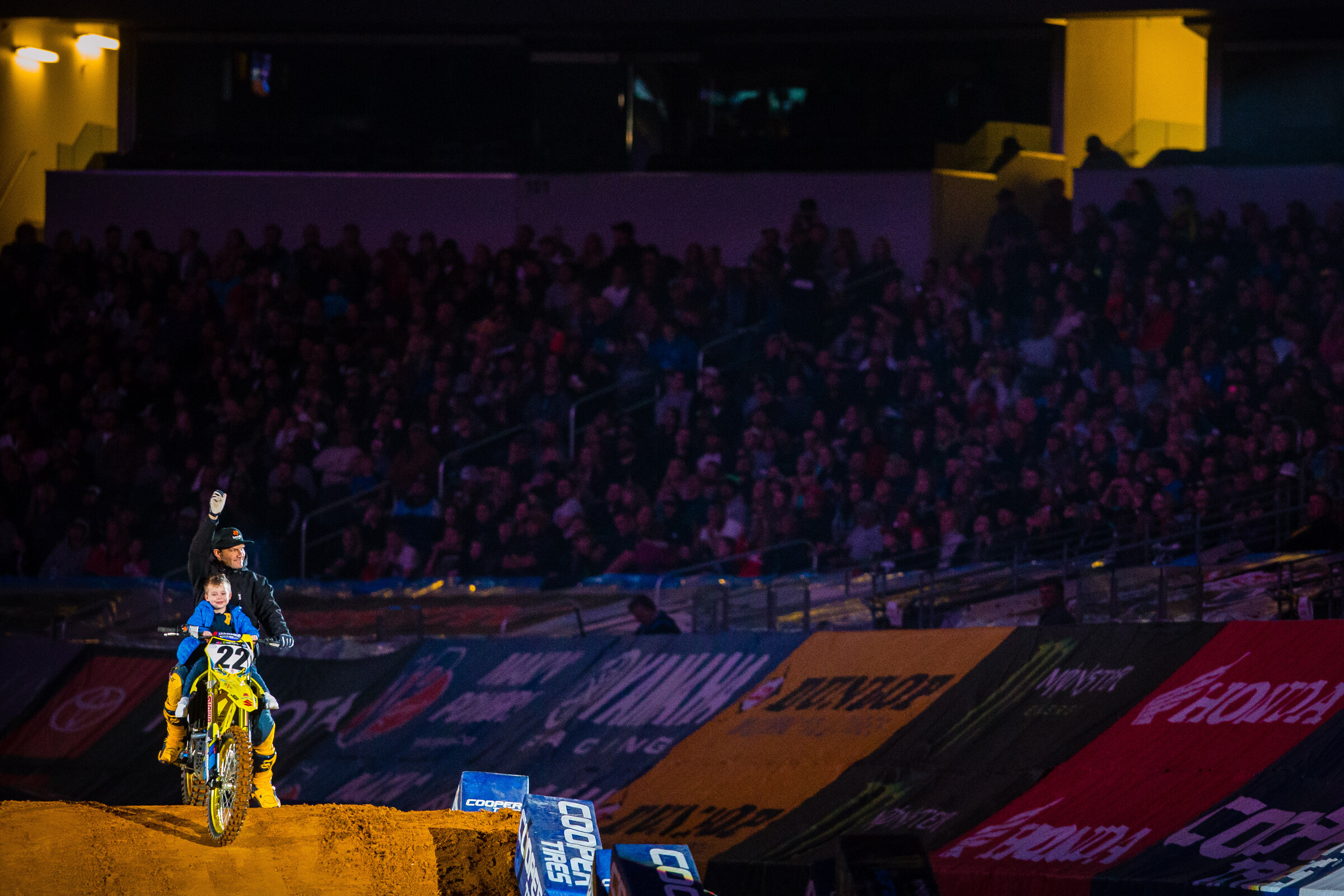 Chad Reed gives his son a ride around AT&T Stadium during his 2019 season with JGR Suzuki.