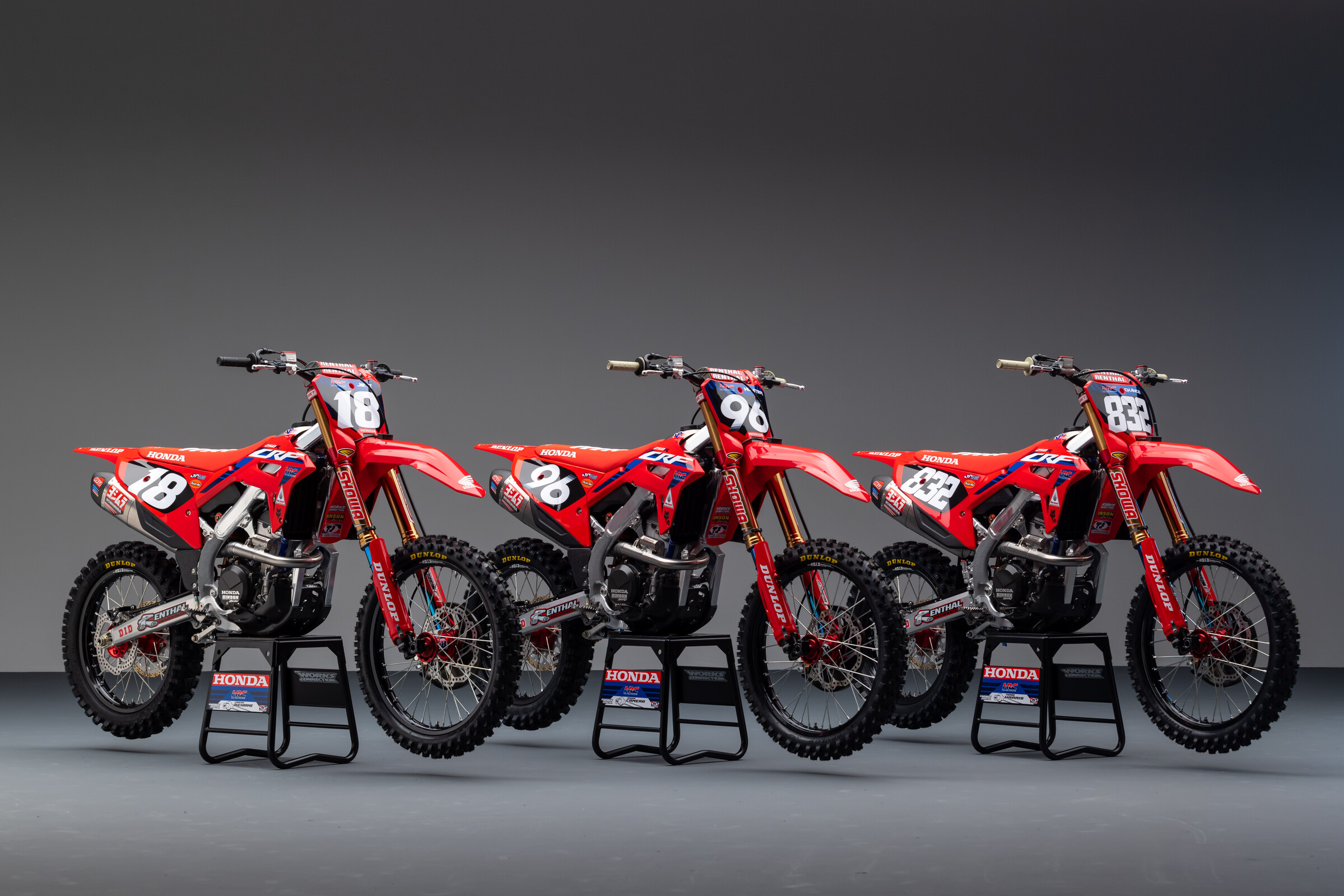 The 2023 Honda CRF250R race machines for Jett Lawrence, Hunter Lawrence, and Chance Hymas.