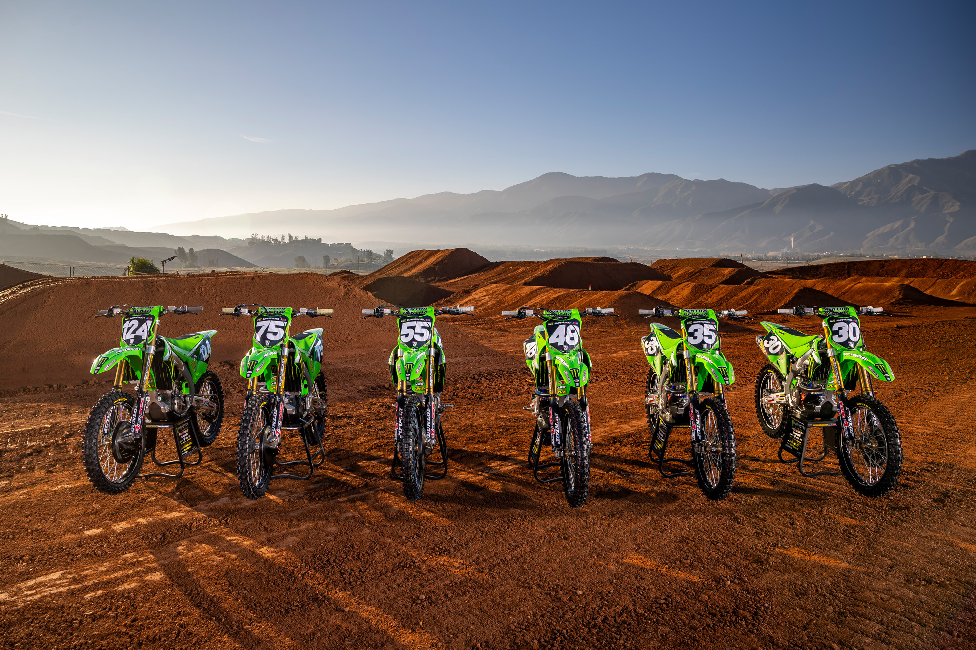 The 2023 Monster Energy/Pro Circuit Kawasaki team Kawasaki KX250 race machines.
