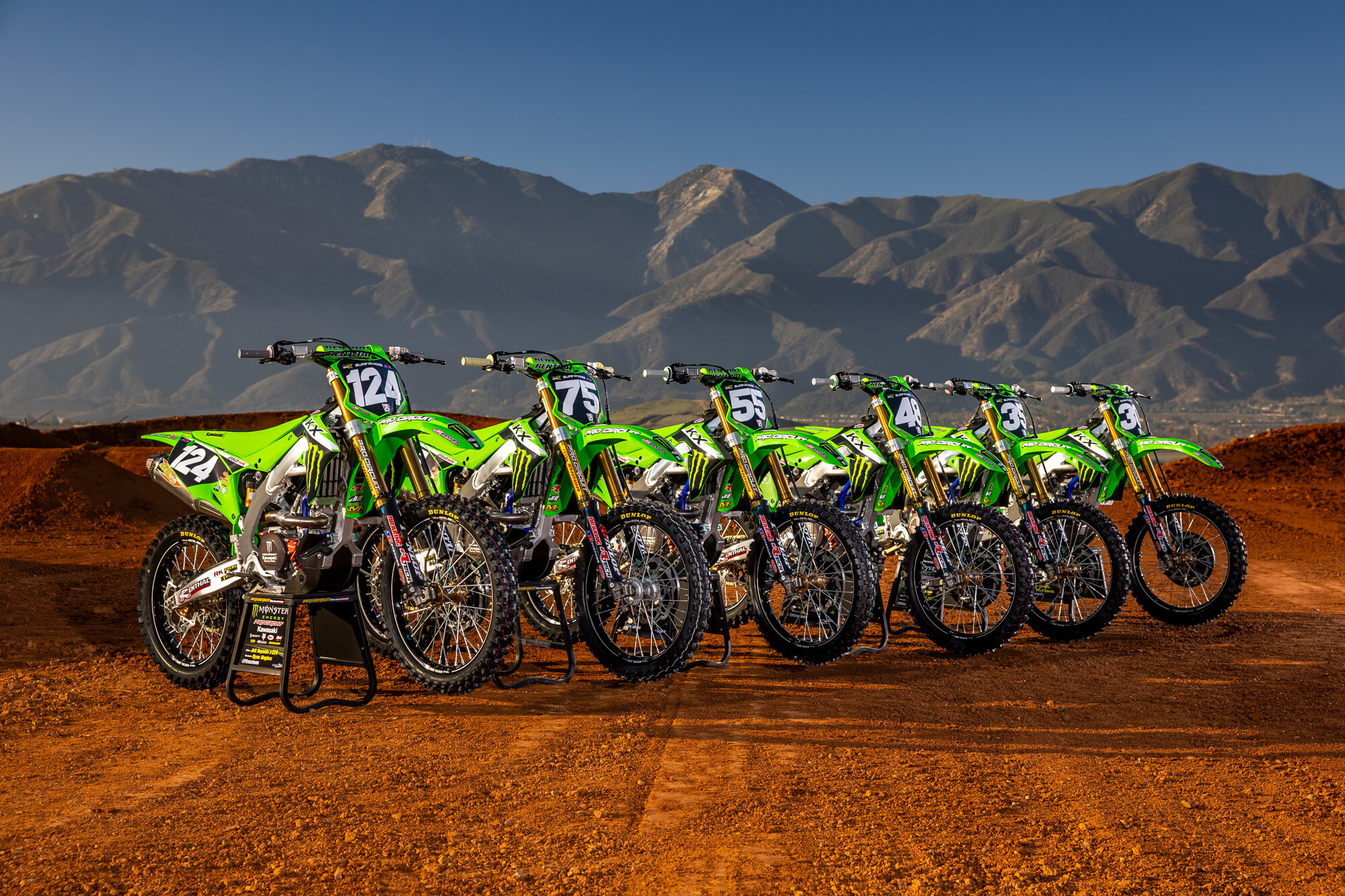 The 2023 Monster Energy/Pro Circuit Kawasaki team Kawasaki KX250 race machines.
