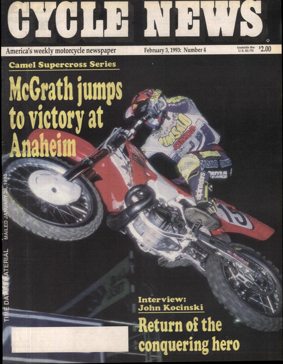 Jeremy McGrath won years in a row at Anaheim...but none of those races served as the opening round! Here's the Cycle News cover from the very first of his record 72 career supercross wins.