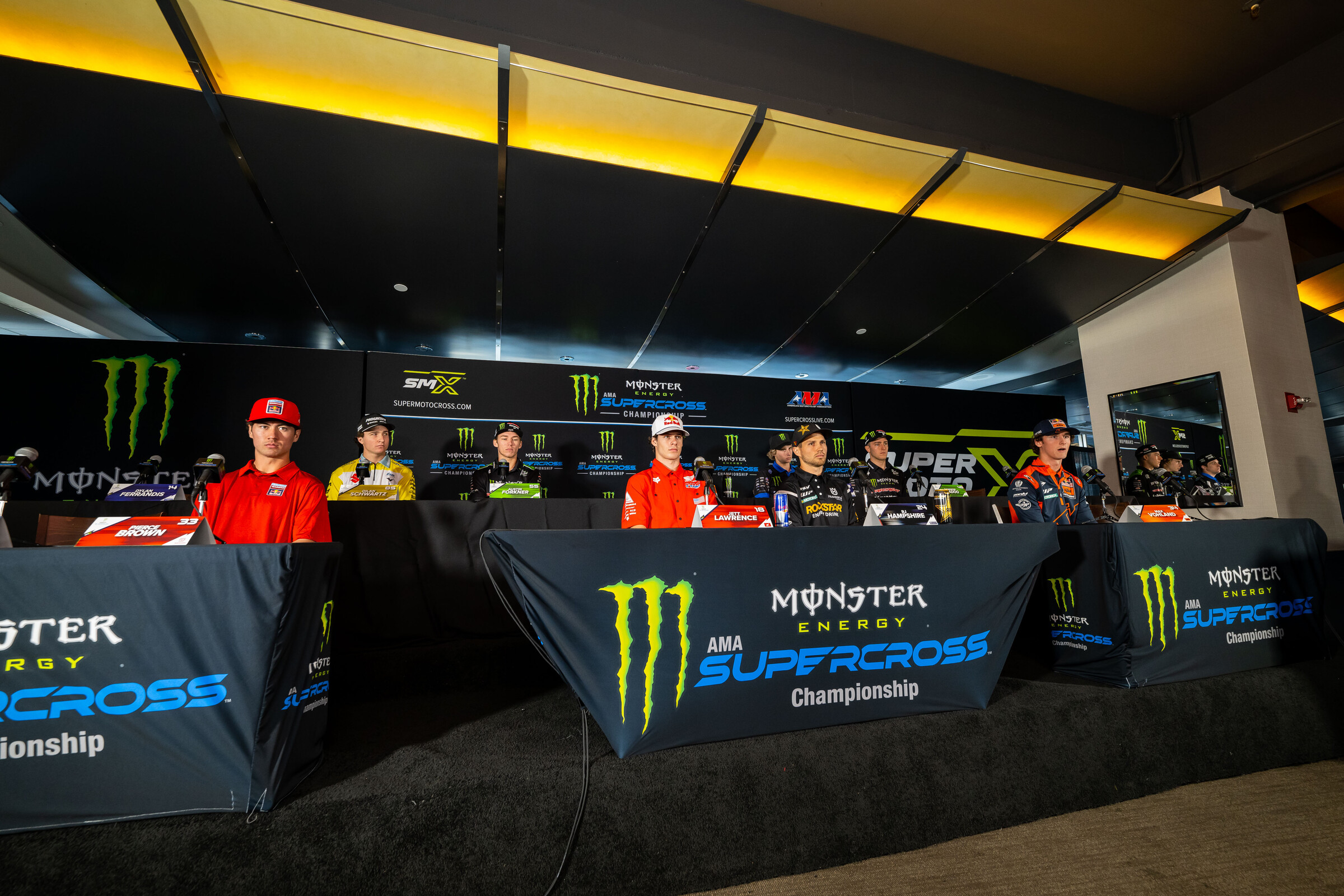 The 250SX West Region riders answer questions during the preseason press conference on Friday.