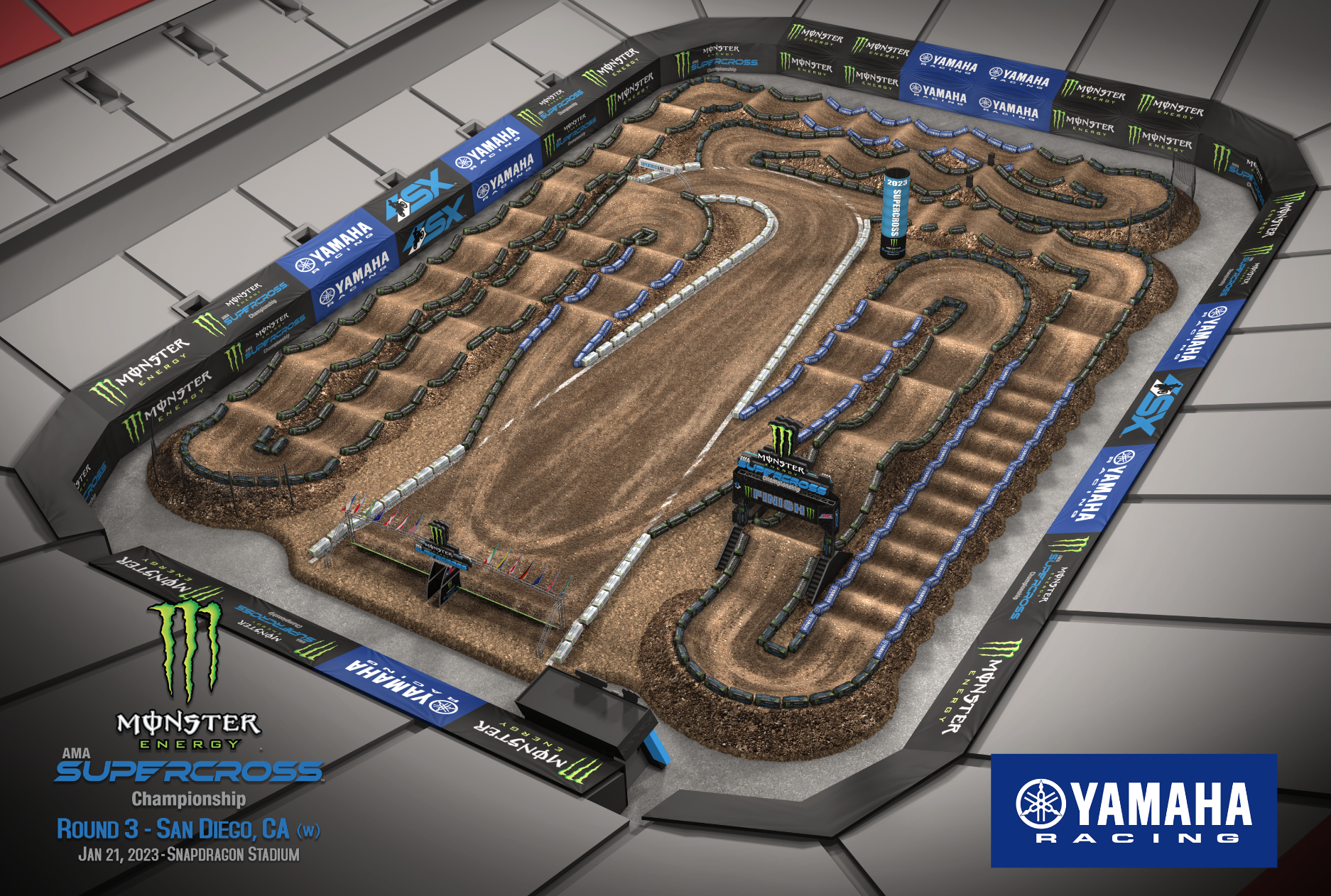 The 2023 San Diego Supercross track map layout.