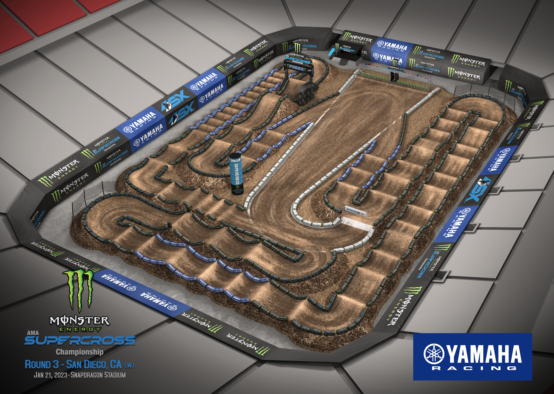 The 2023 San Diego Supercross track map layout.