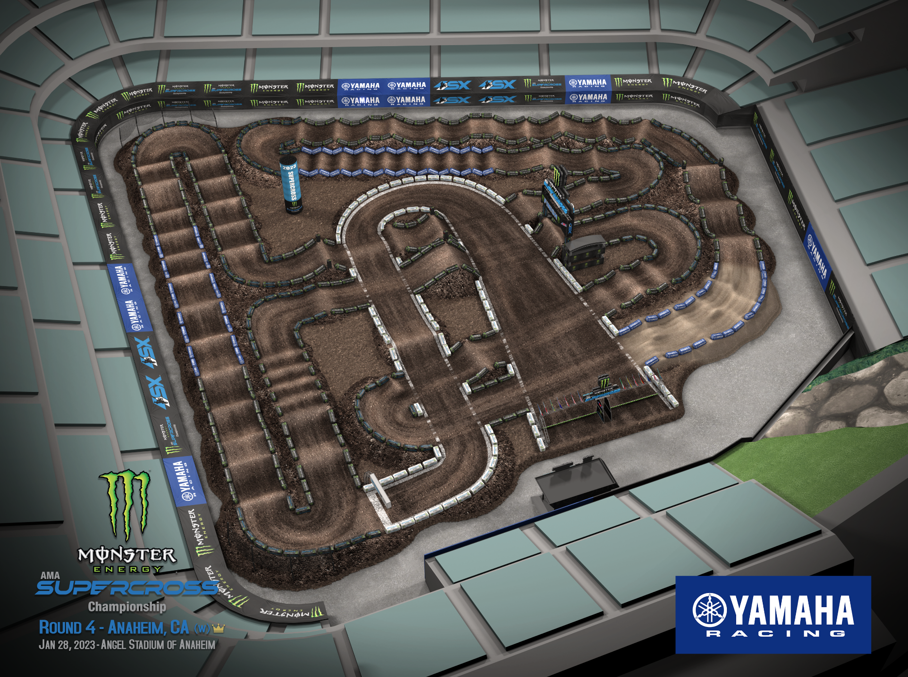 The 2023 Anaheim 2 Supercross track map layout.