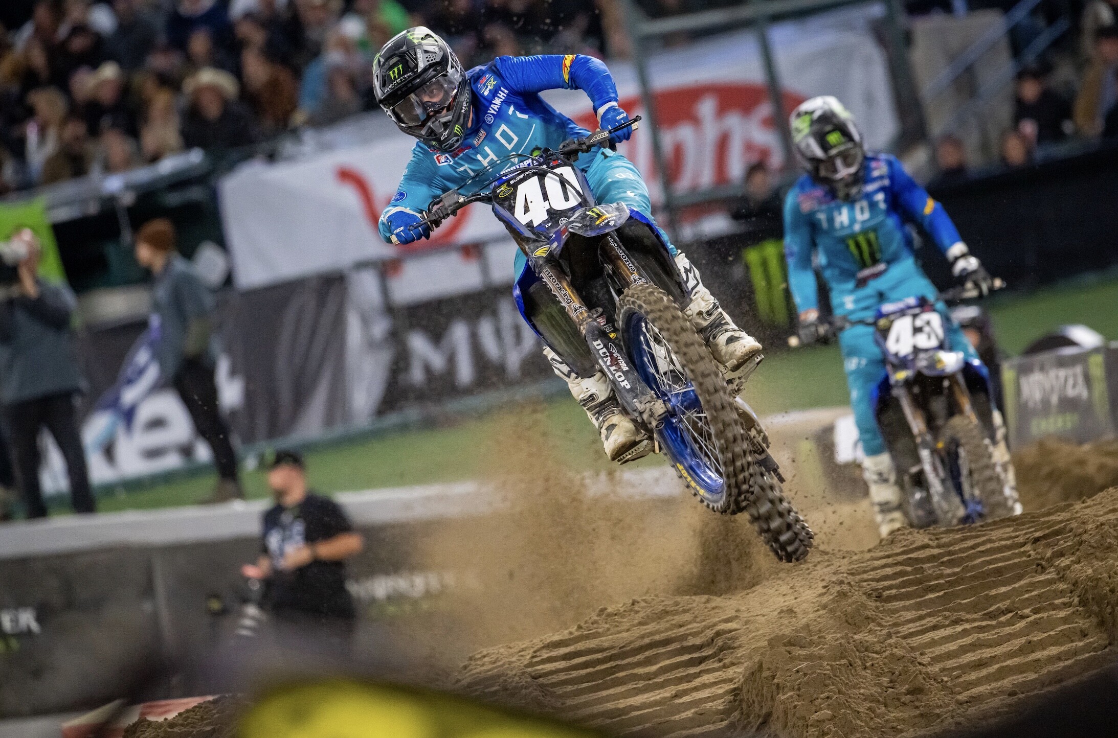 Stilez Robertson leads his teammate Levi Kitchen. 