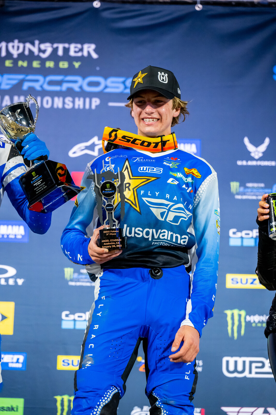 Talon Hawkins on the podium after the race, following a third-place finish.