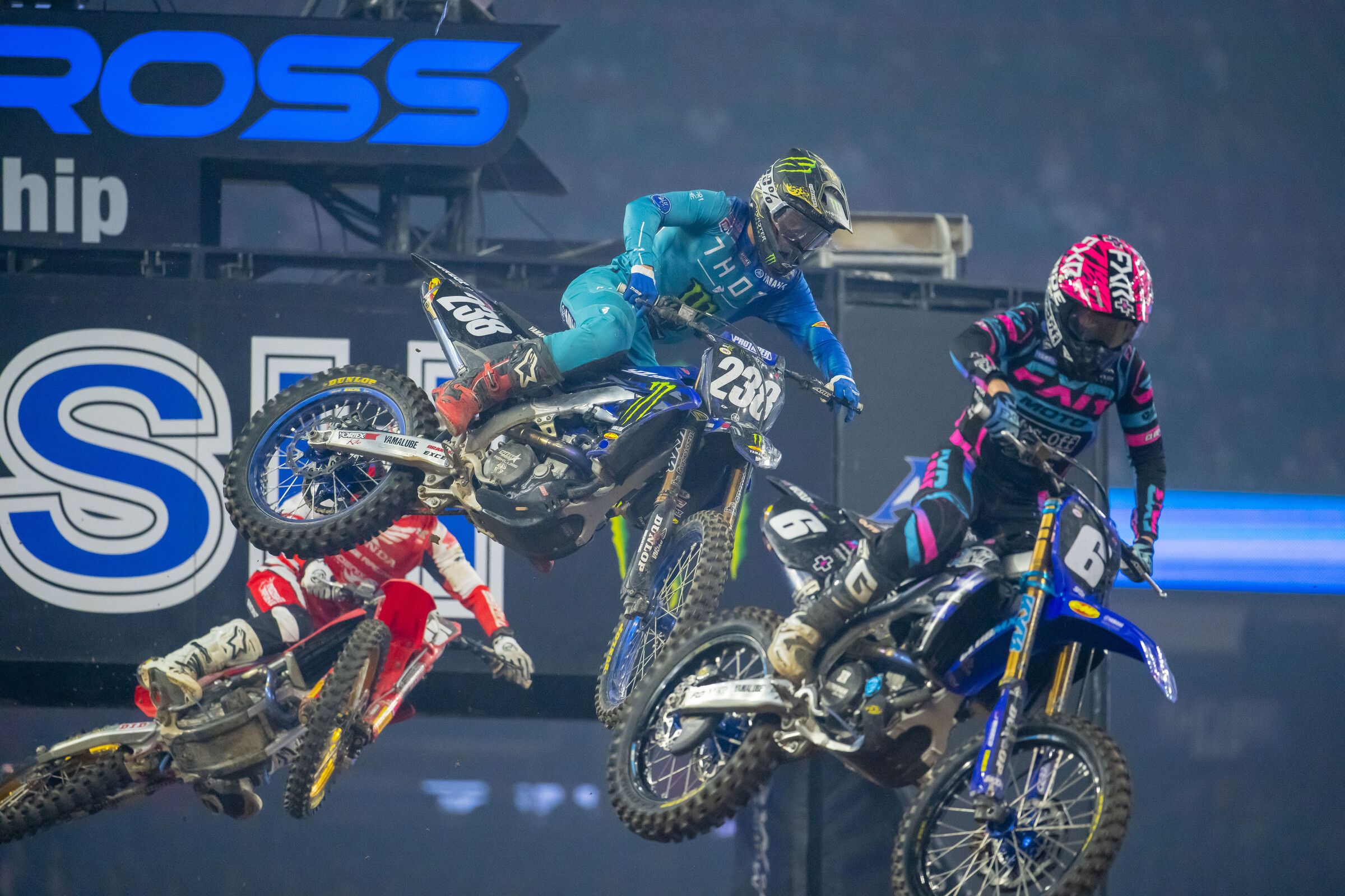 Haiden Deegan battles with Jeremy Martin during the heat race.