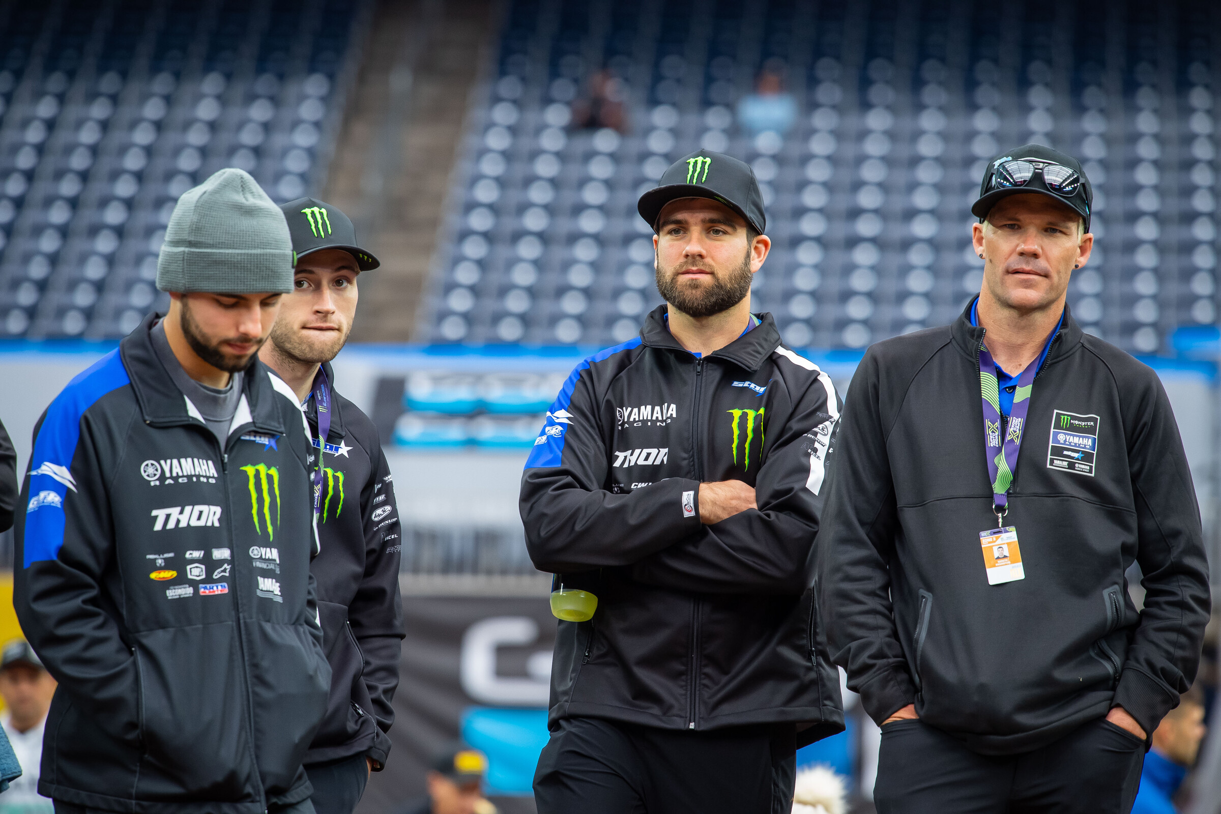 Smith with Gareth “Swanny” Swanepoel (right), the Monster Energy Yamaha Star Racing team trainer during track walk at the Houston Supercross. 
