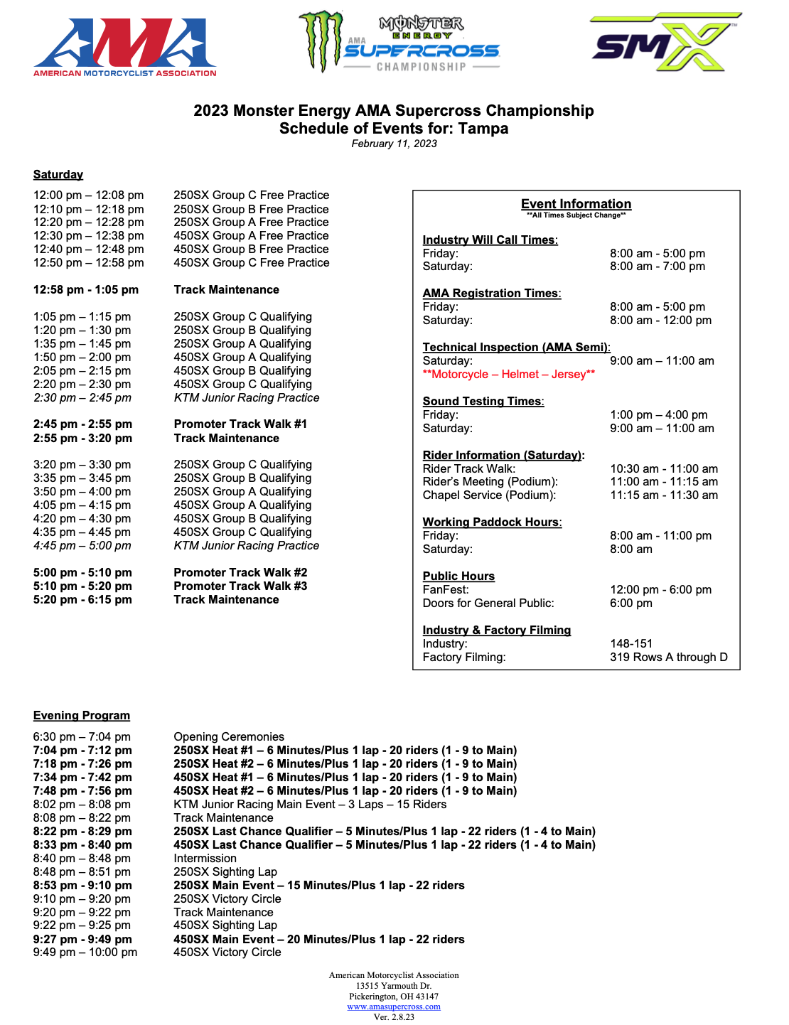 2023 Tampa SX Schedule