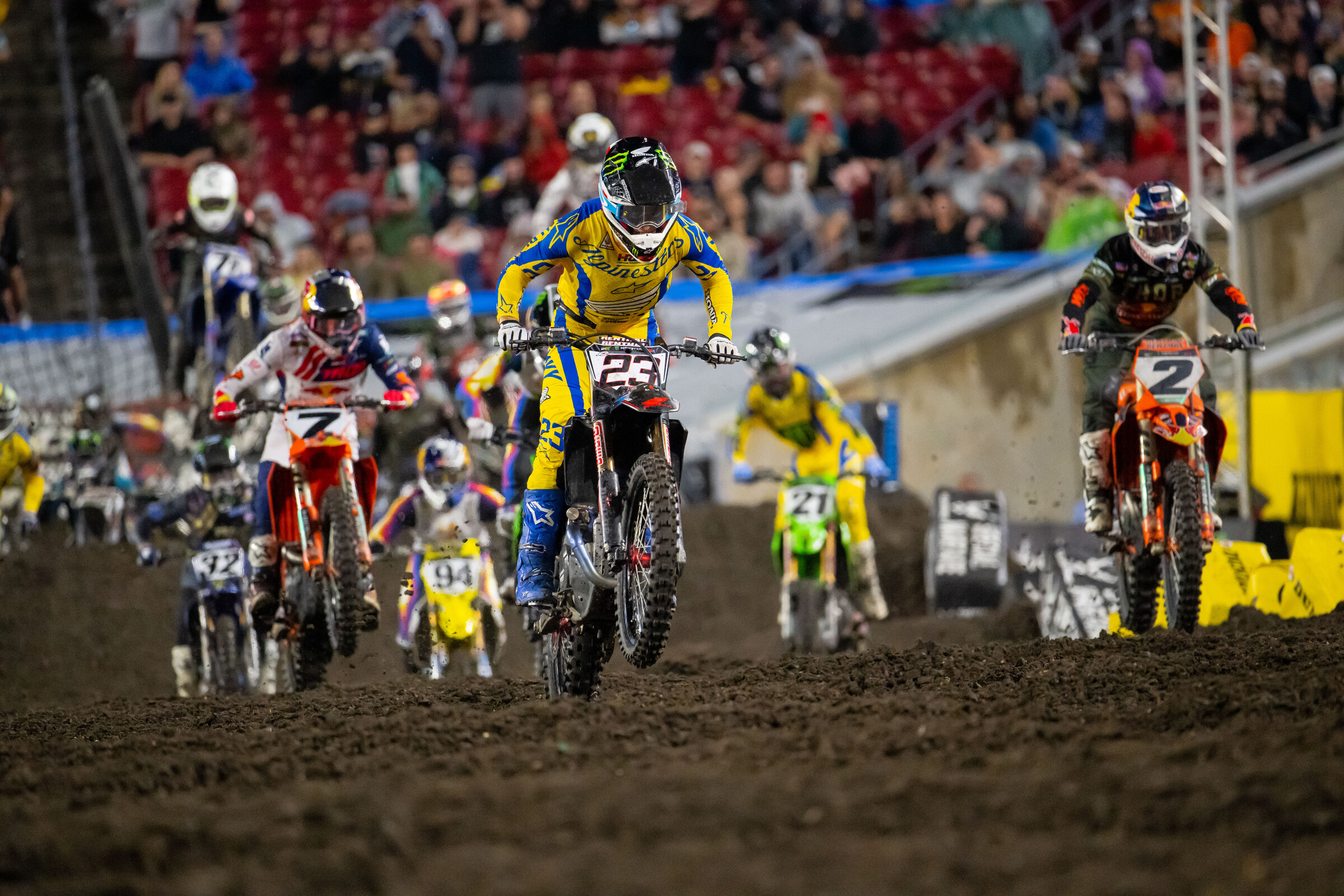 Chase Sexton jumped out to the early race lead ahead of Cooper Webb, Aaron Plessinger, and Adam Cianciarulo.
