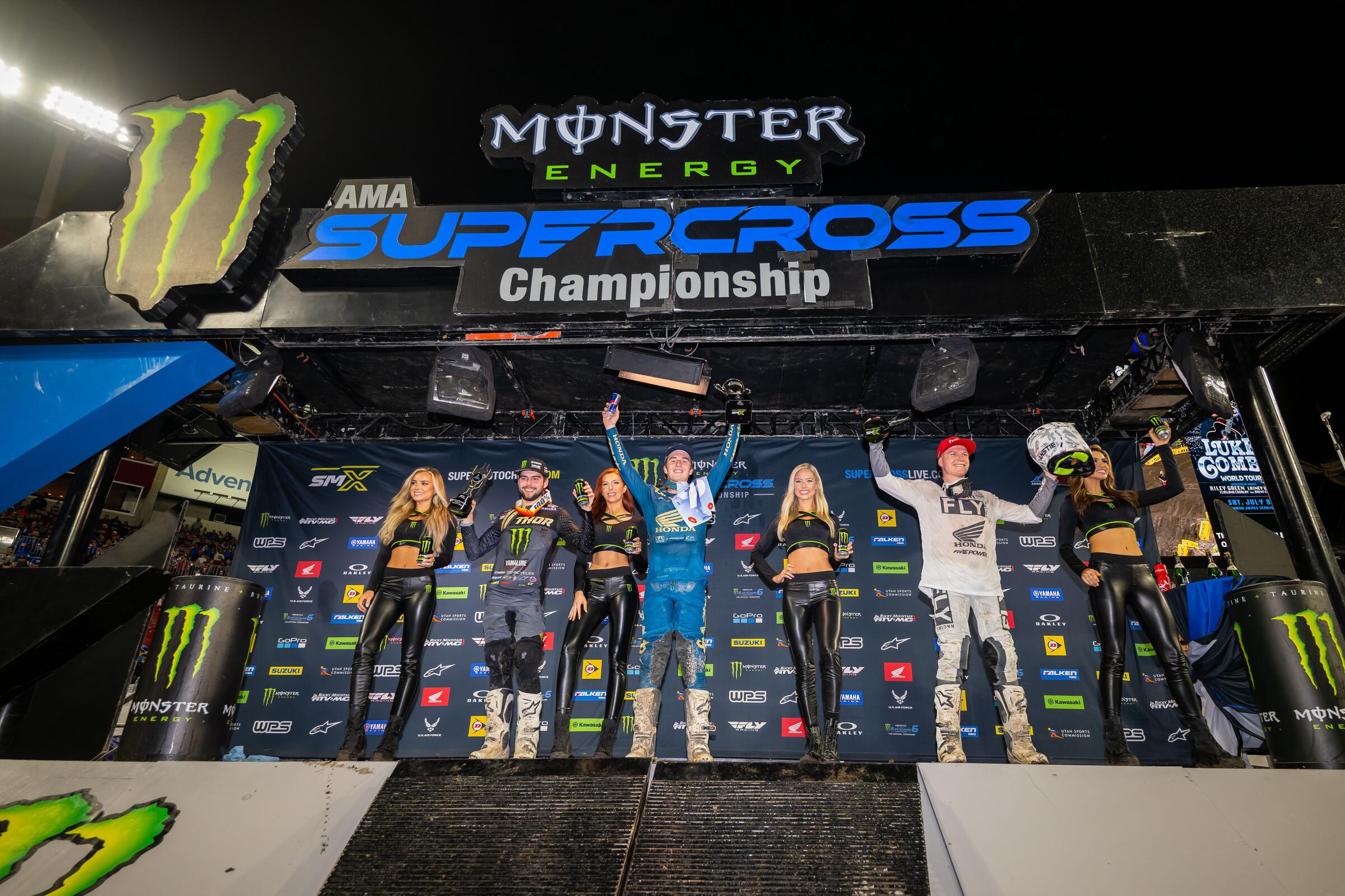 Tampa 250SX podium from left to right: Nate Thrasher (second), Hunter Lawrence (first), Max Anstie (third)