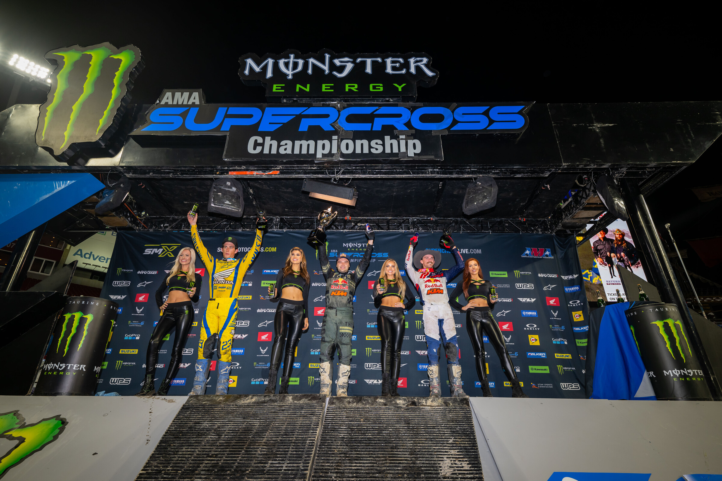 Tampa 450SX podium from left to right: Chase Sexton (second), Cooper Webb (first), Aaron Plessinger (third)