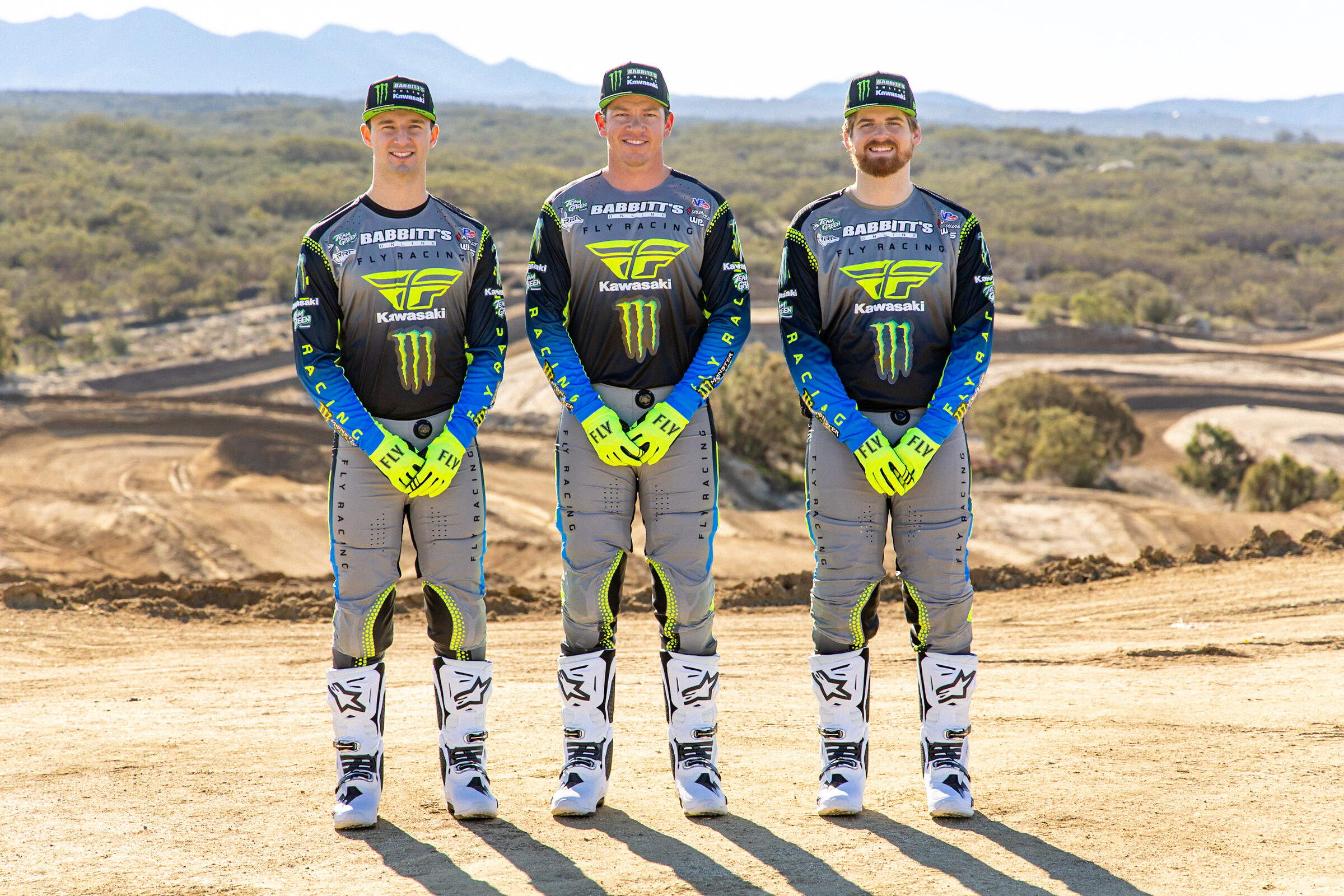 The 2023 Babbitt’s Online/Monster Energy/Kawasaki Team Green roster: Lyndon Snodgrass (XC2), Josh Strang (XC1), and Grand Baylor (XC1).