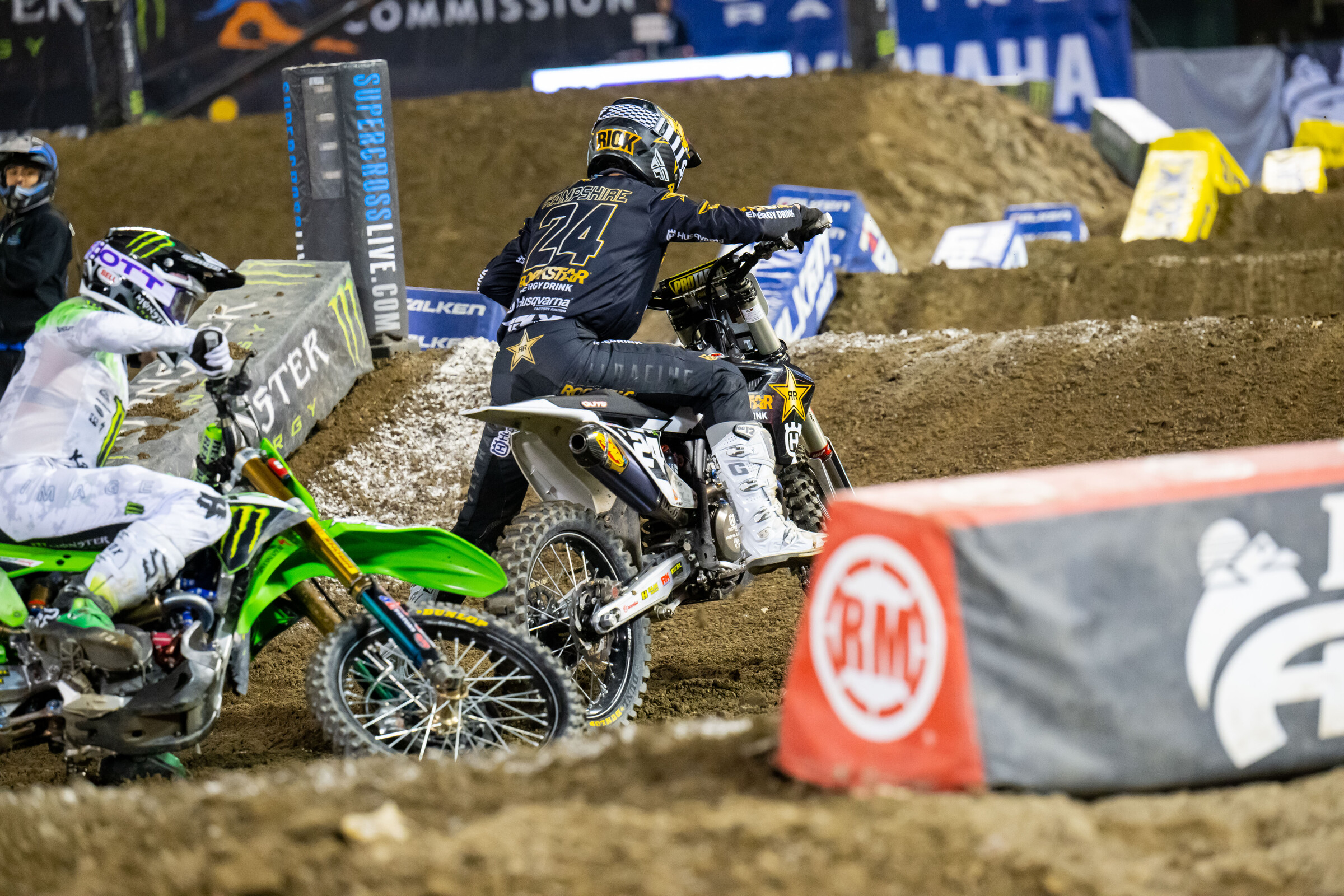 RJ Hampshire picks up his machine after tipping over in the lead.