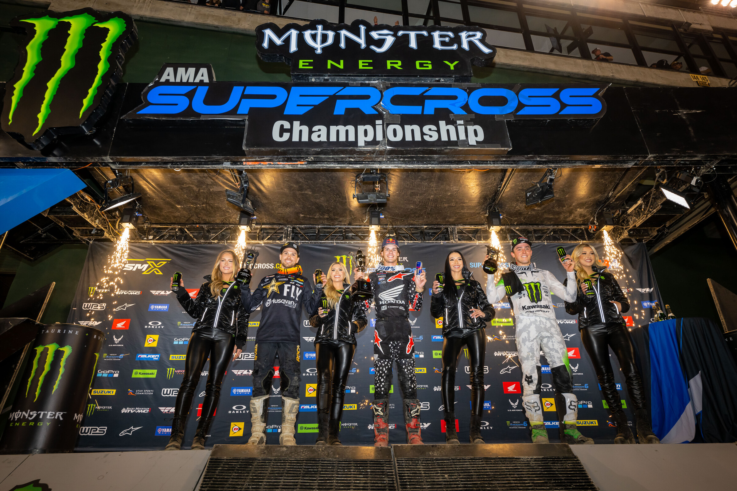 The 2023 Oakland Supercross 250SX overall podium: Jett Lawrence (Honda), RJ Hampshire (Husqvarna), and Cameron McAdoo (Kawasaki).