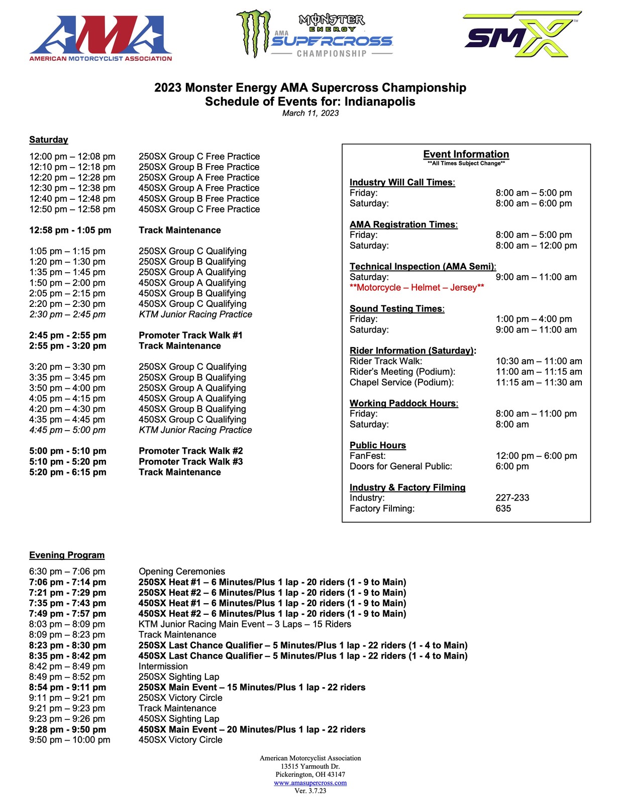 2023 Indianapolis SX Schedule