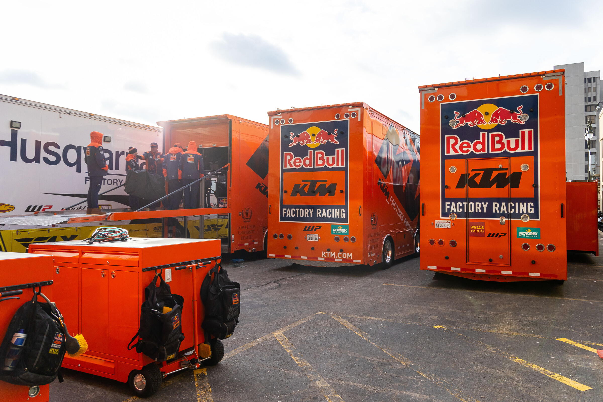 Instead of setting up canopies in Detroit, teams worked inside their rigs.