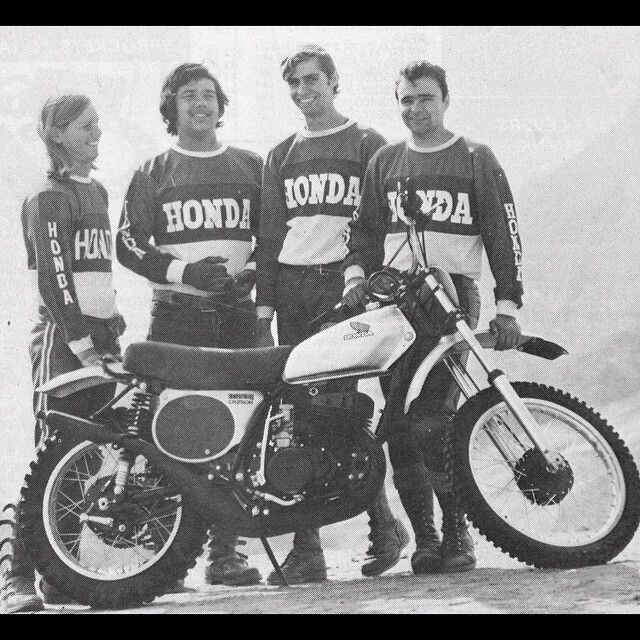 The real Team Honda in 1973 was Rich Eierstedt, Marty Tripes, Gary Jones and Dewayne Jones, standing behind a Honda CR250M Elsinore. 