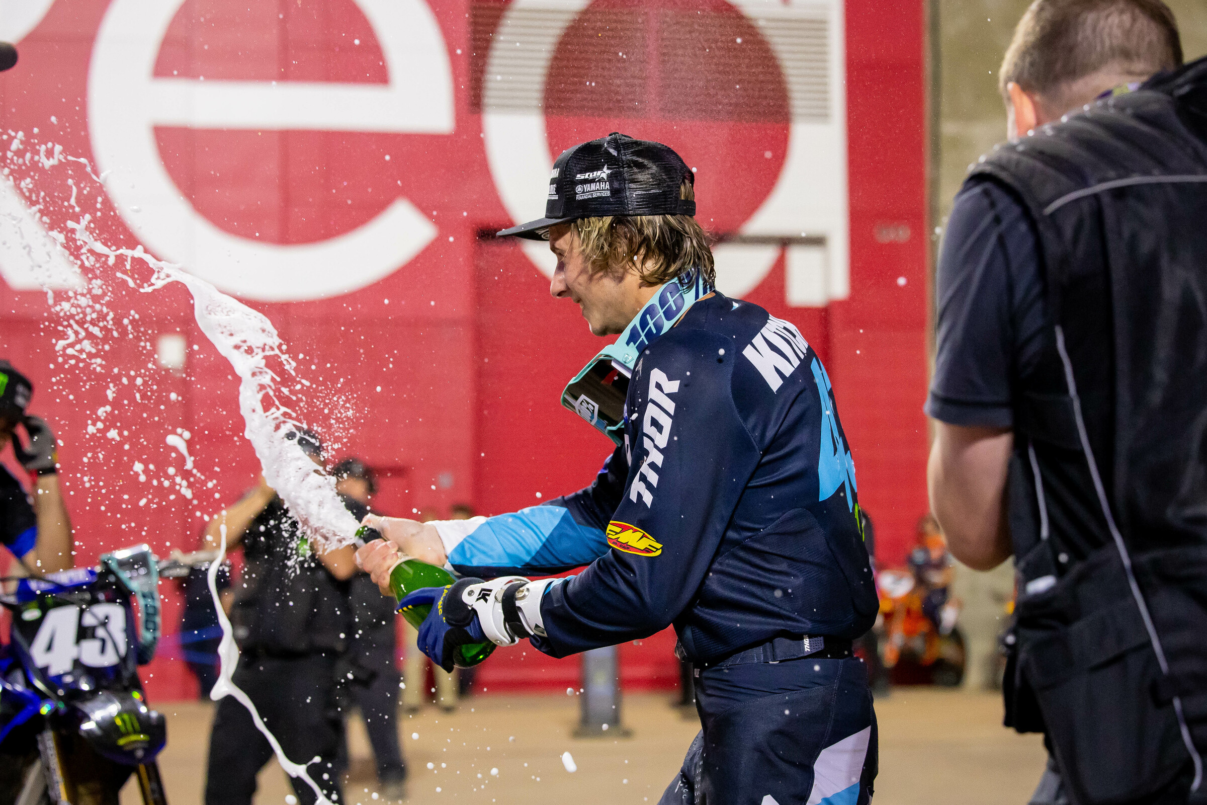 Levi Kitchen sprays champagne for the second time in supercross.